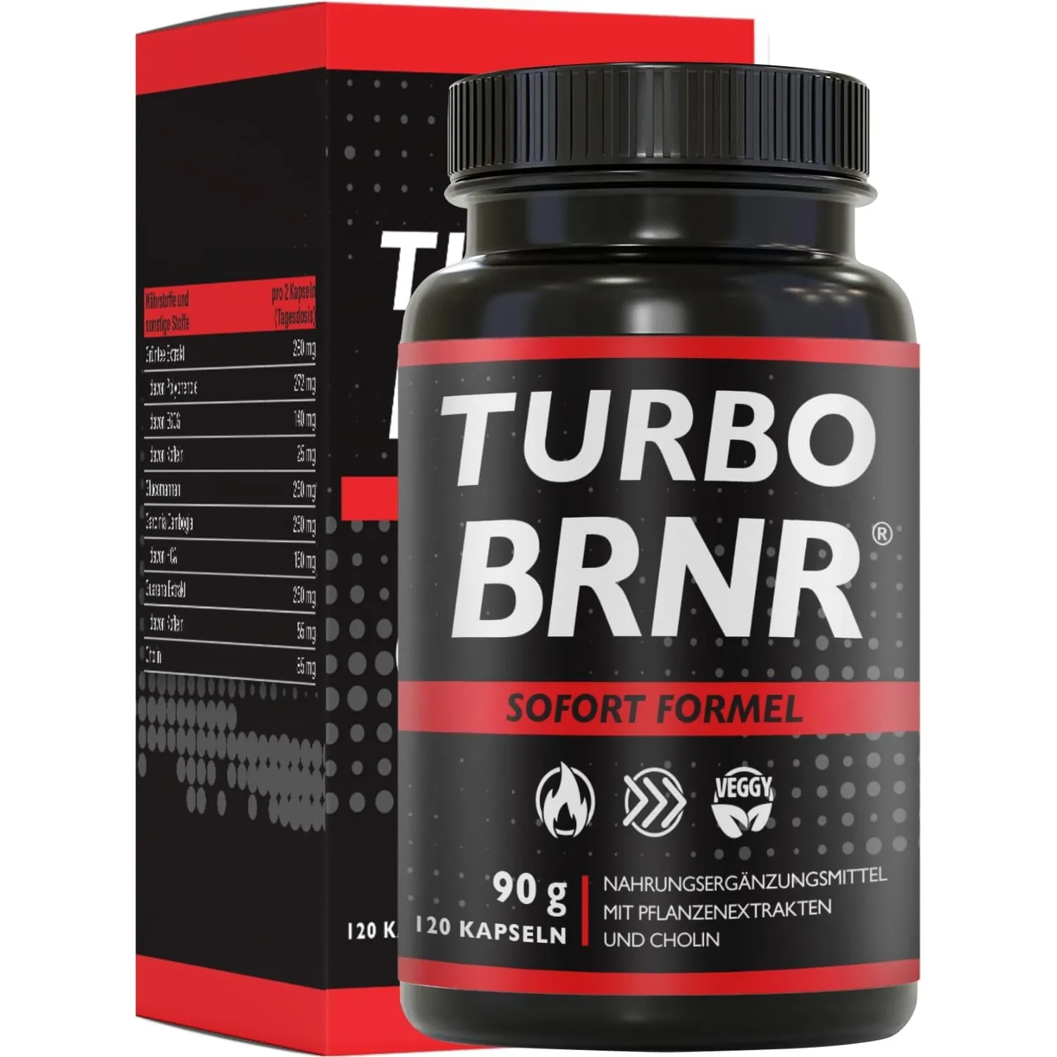 BRNR Turbo Sofort Stoffwechsel Formel mit Cholin, Grüntee Extrakt, Glucomannan, Garcinia Cambogia, Guarana, 120 Kapseln