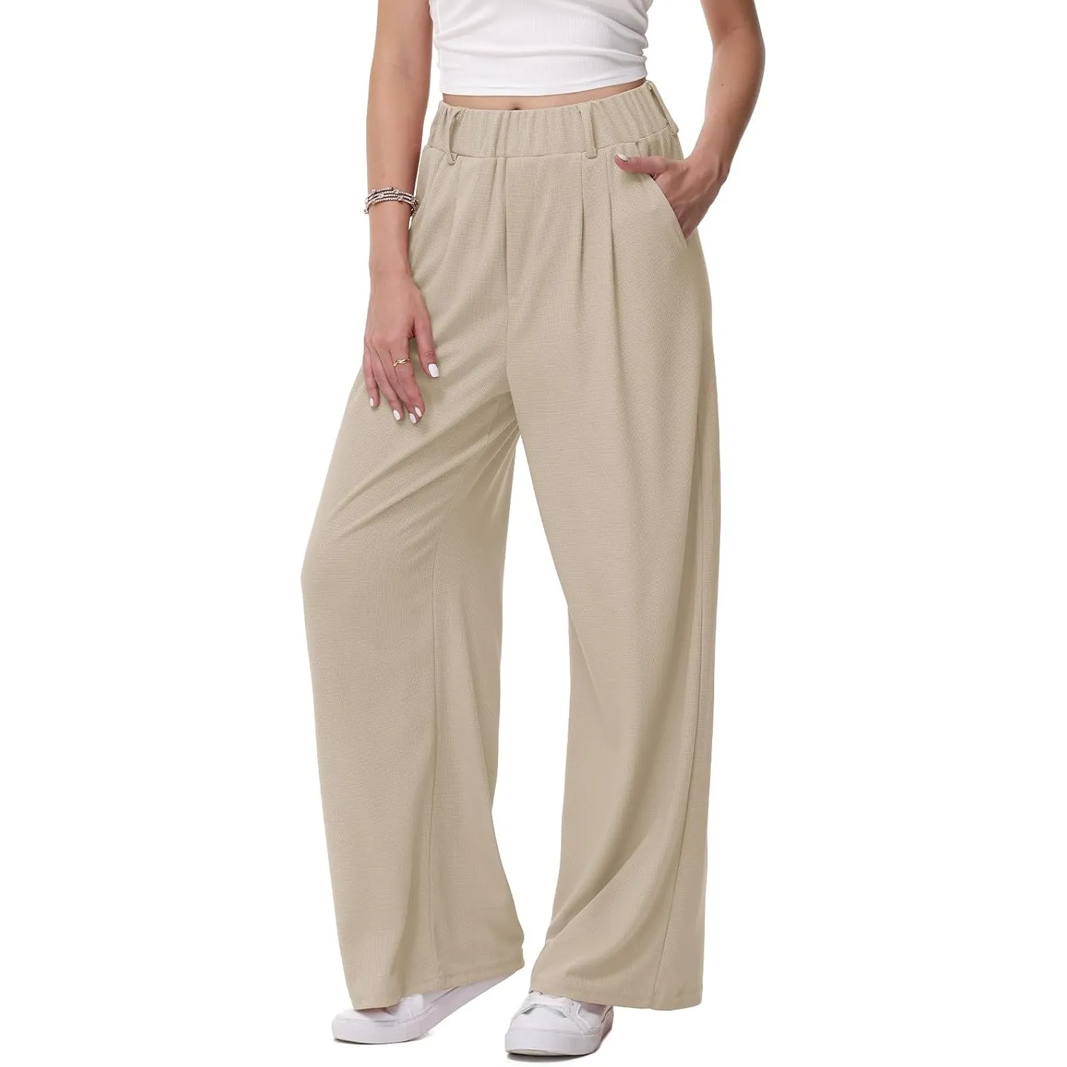 HMIYA Weite Hosen Damen-Bügelfreie Lässig Leichte Stoffhose Locker Palazzo Hose Hohe Taille Sommer Freizeithose mit Tas…