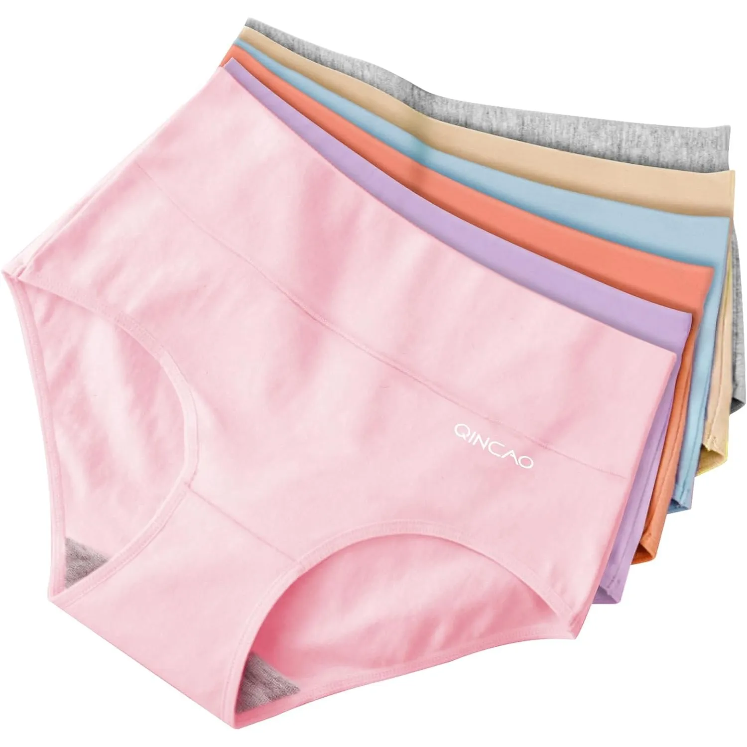 QINCAO Unterhosen Damen, 6er Pack Hohe Taille Slips Baumwolle Unterwäsche, Stretch Atmungsaktiv Panties Weich