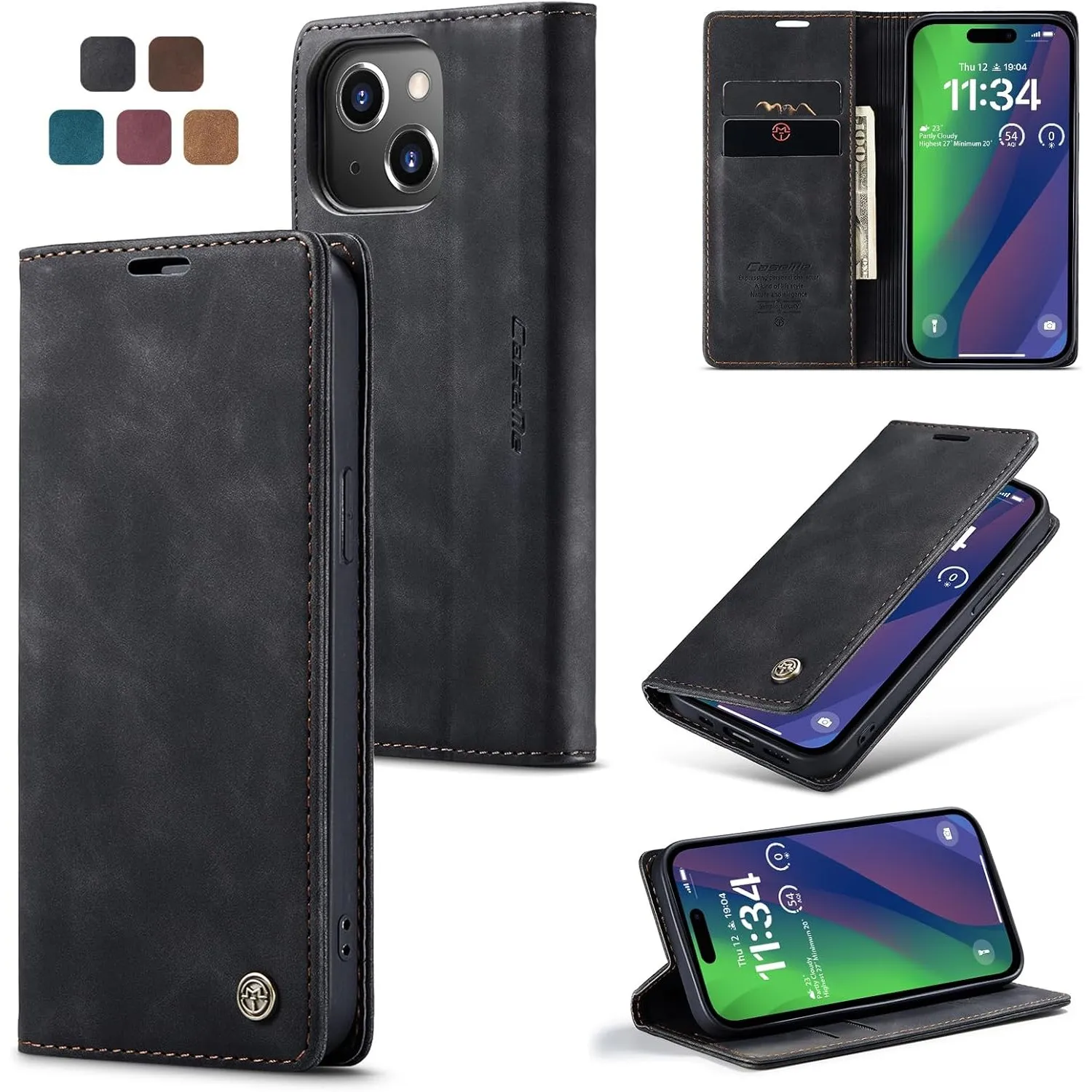 Hülle iPhone 15 Plus klapphülle Premium Lederhülle Weiches Vintage-Nubukleder Faltbare Ständer Schutzhülle Kartenfach S…