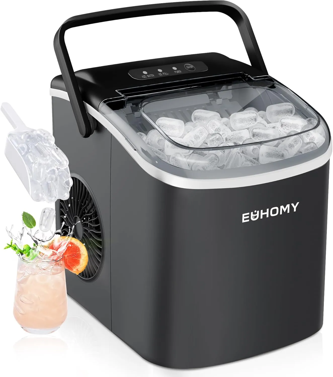 EUHOMY Small Ice Cube Machine, 12 kg Ice Cube Maker, 9 Cubes Ready in 6 Minutes, Black Ice Cube Machine with Portable H…