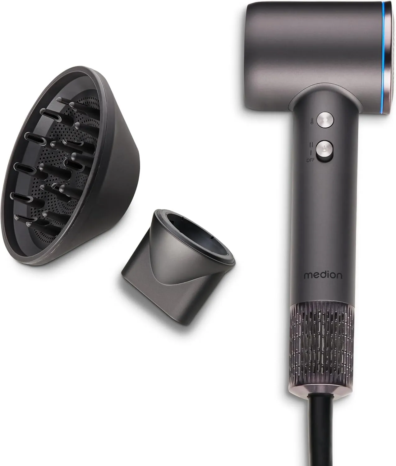 MEDION Haartrockner mit Diffusor HD1 (Ionen Technologie, 1.600 Watt, Stylingdüse, magnetische Aufsätze, langlebiger BLDC Motor, LED Ringlicht, langes Netzkabel) schwarz