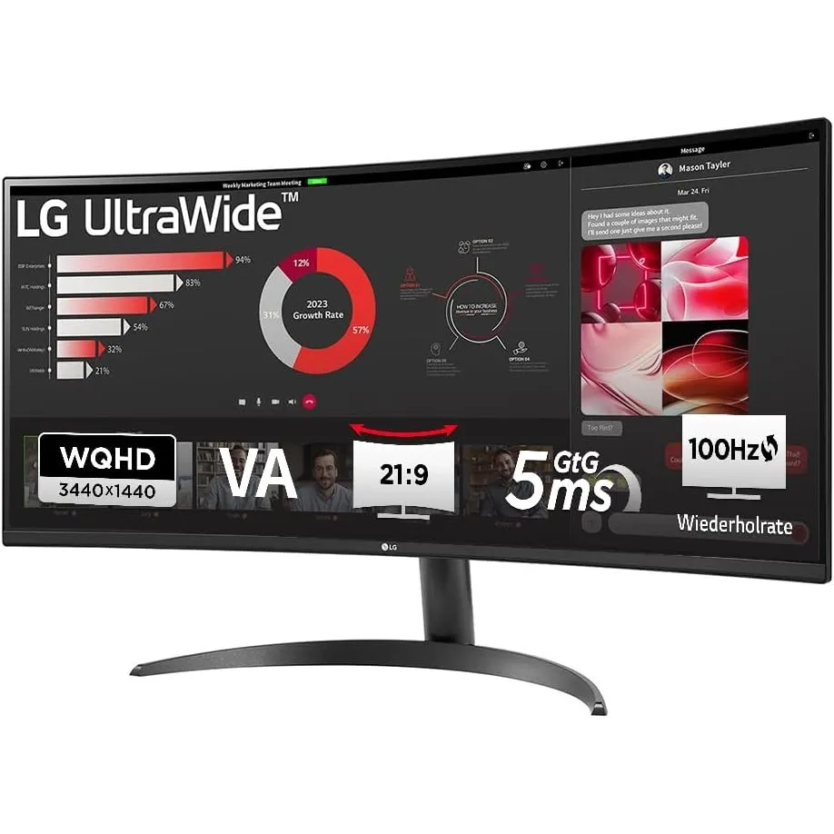 LG UltraWide™ 34WR50QK-B 34 Zoll 21:9 Curved UWQHD VA Monitor, 100Hz, HDR10, 99% sRGB, 2X HDMI 2.0, 1x DisplayPort 1.4,…