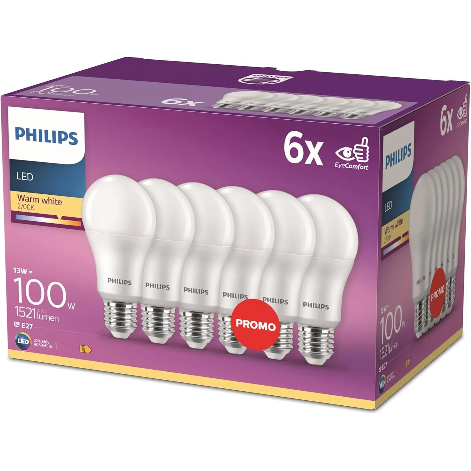 PHILIPS LED Classic Lampe, A60, E27, 6er Pack