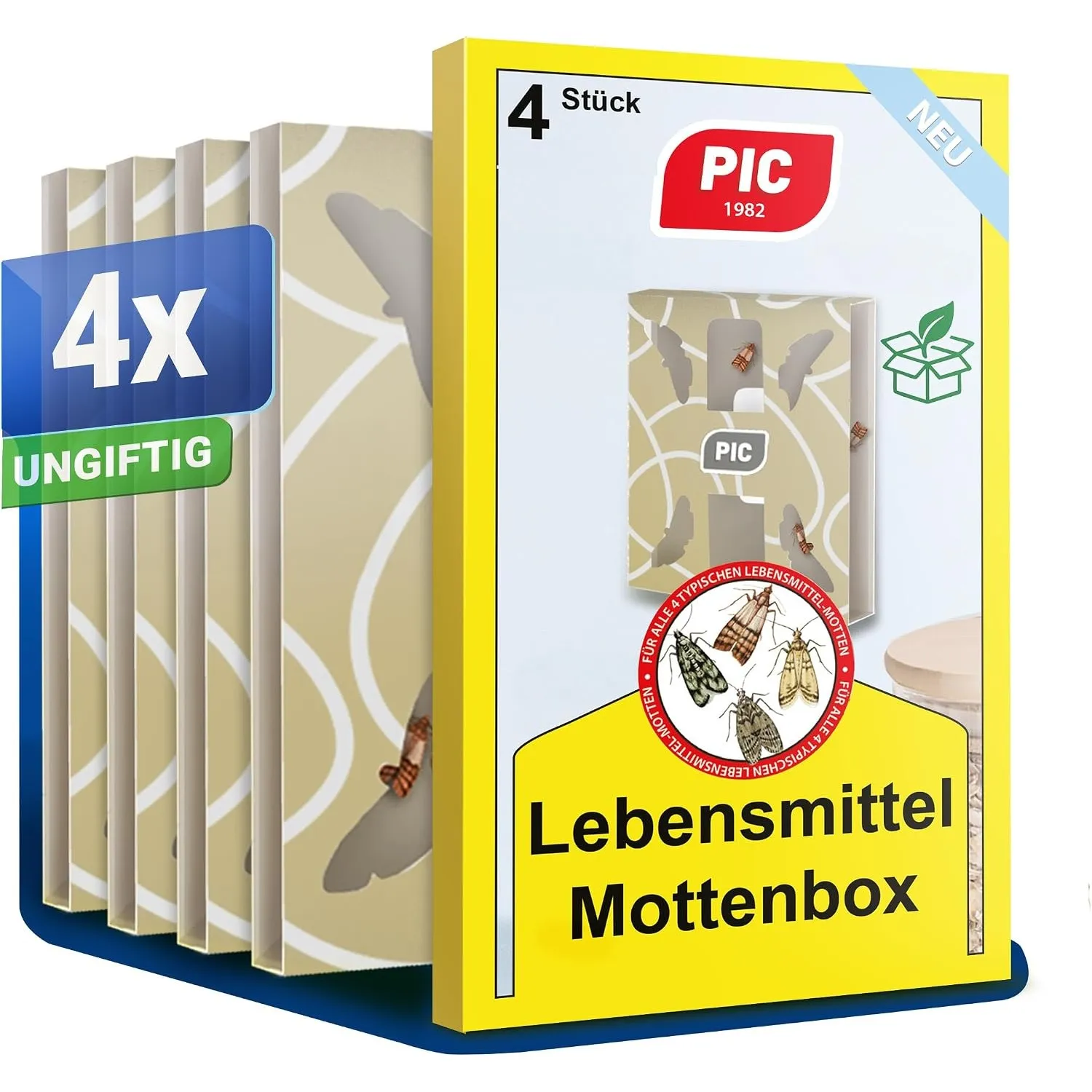 PIC Lebensmittel Mottenfalle – 2x2 Pheromonfalle gegen Lebensmittelmotten, Geruchlose Mottenfalle mit Verklebungs- und …