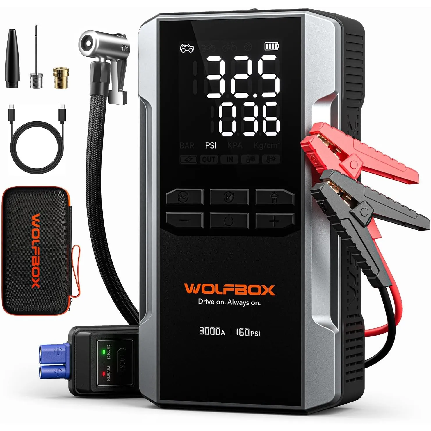 WOLFBOX 3000A Starthilfe mit 160PSI Kompressor bis zu 8L Benzin/6L Diesel