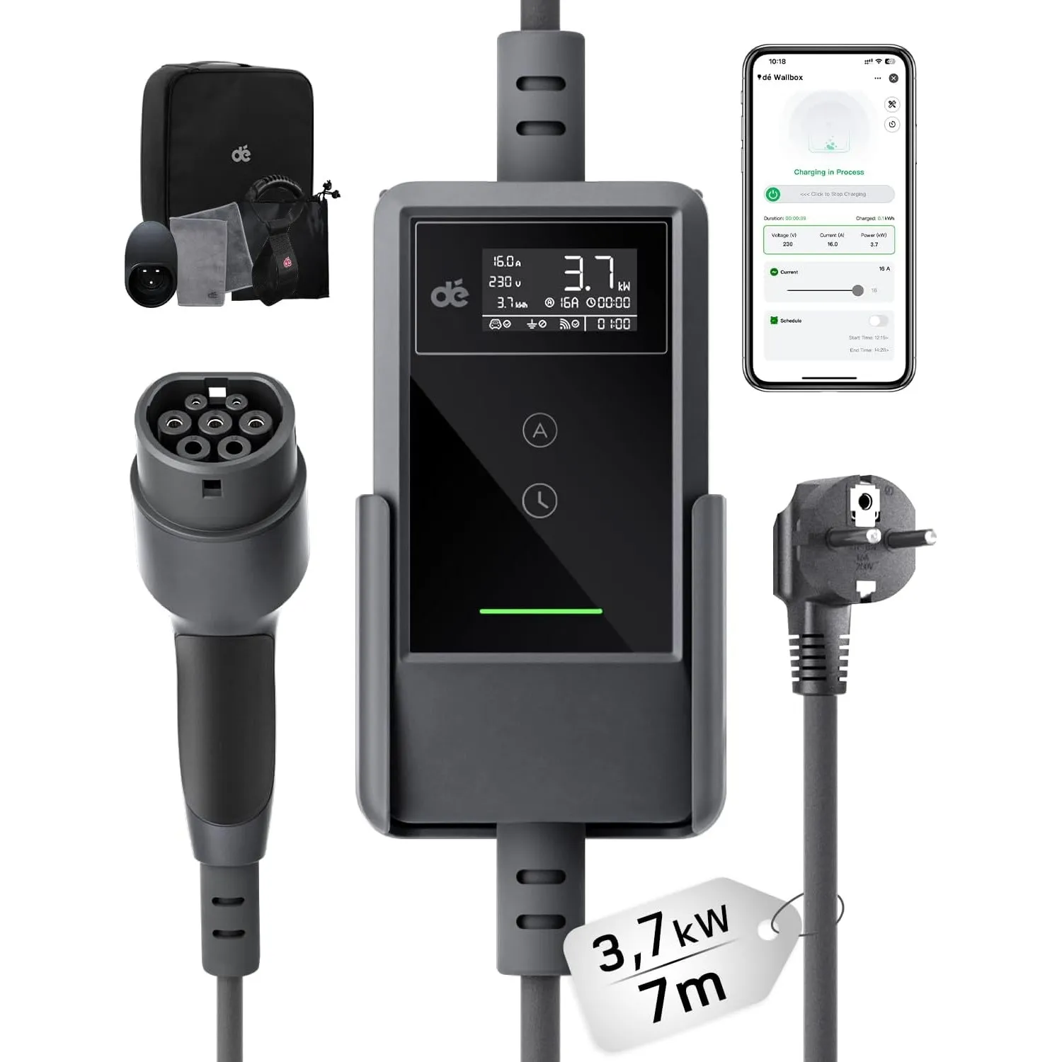 dé Typ 2 Ladekabel Schuko mit APP 3,7kW [7m, 6-16A, 1-phasig] Ladekabel Typ 2 Schuko mit Fernsteuerbarer Leistung - EV …