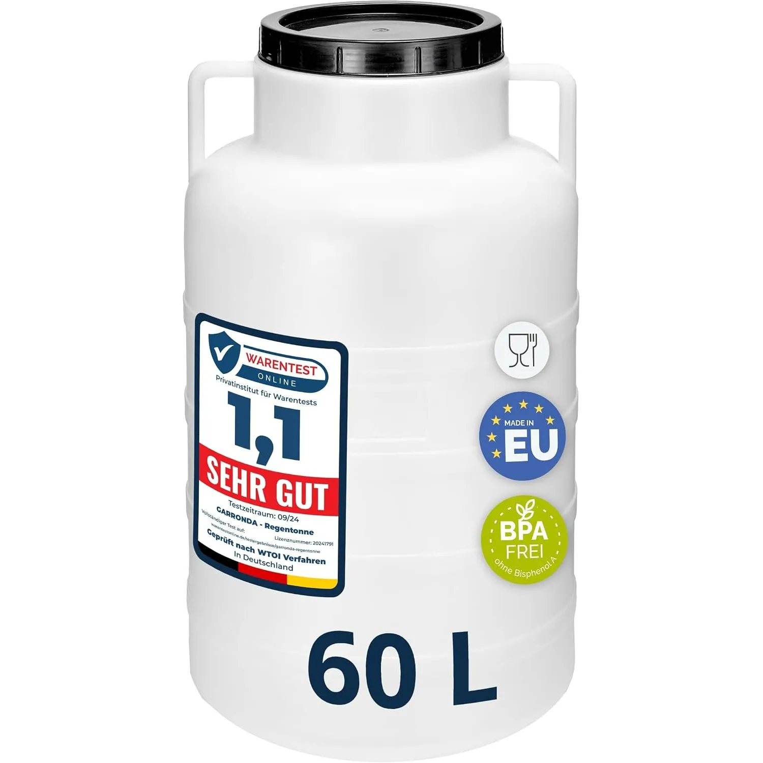 Garronda 60L Twist-Off Regentonne Wassertank Weithalsfass Weiß GD-0078 | BPA-frei, mit Deckel, als Regenwassertonne, Wa…