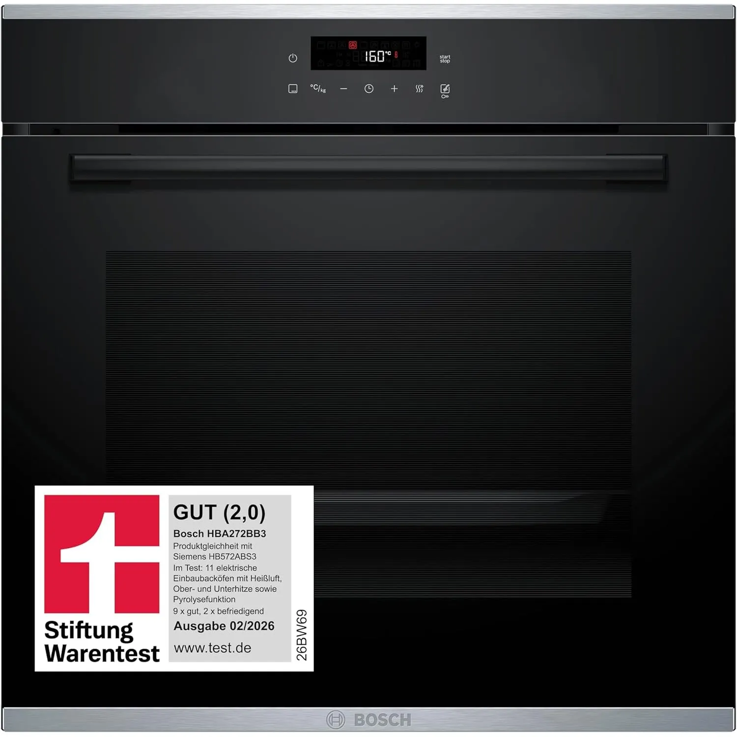 Bosch HBA272BB3, Stiftung Warentest GUT (2,0)*, Serie 4 Einbau-Backofen 60 x 60 cm, Pyrolyse-Selbstreinigung & Hydrolys…