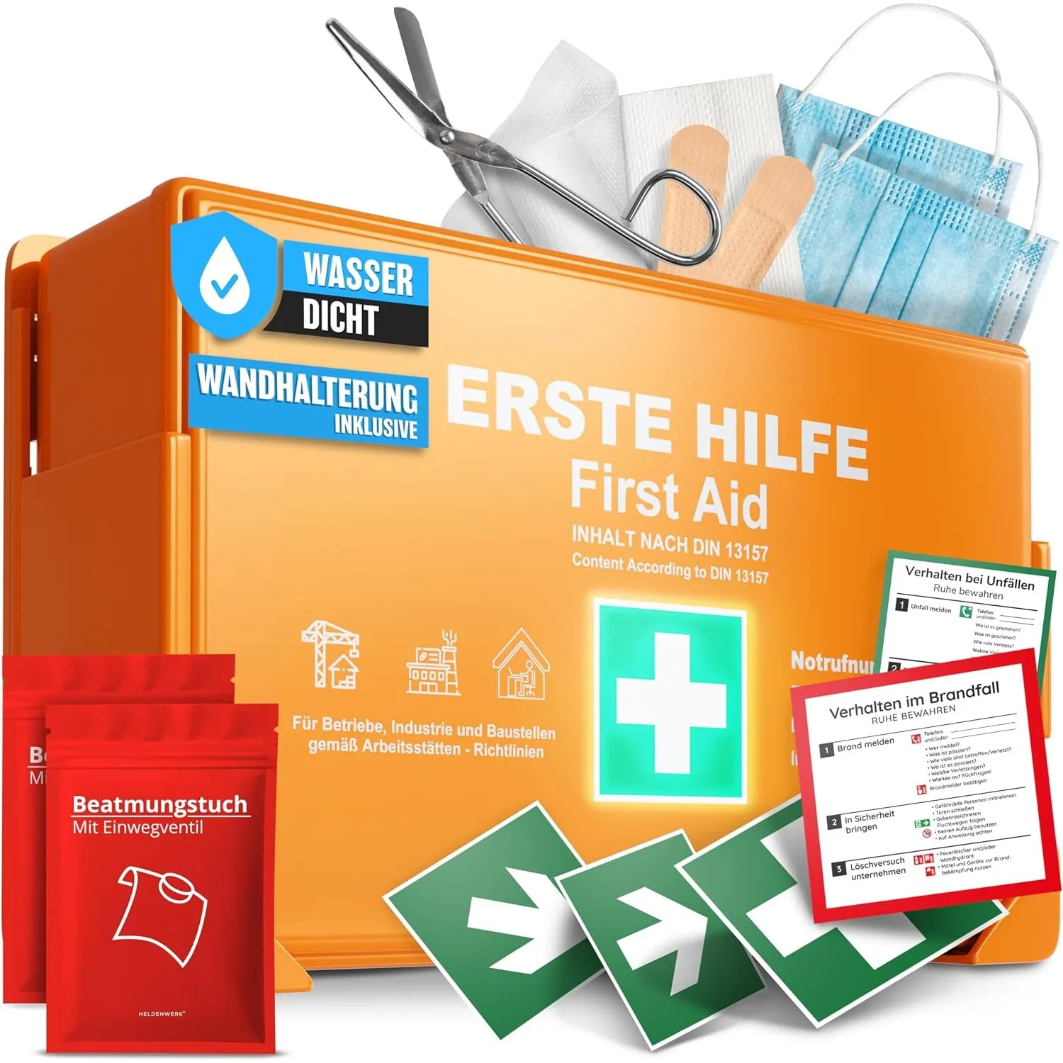 HELDENWERK Erste Hilfe Kasten Version 2026 DIN 13157:2021 mit Wandhalterung