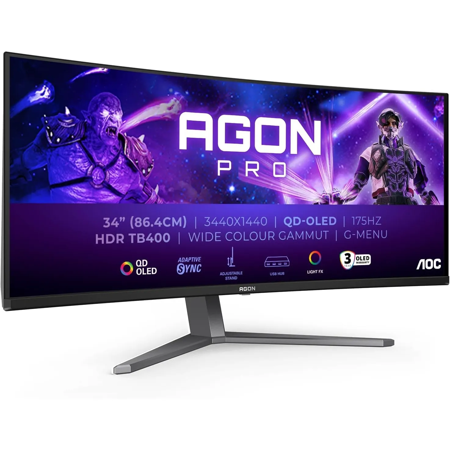 AOC AG346UCDAM 34" Curved, UW-QHD USB Hub Gaming Monitor, 175Hz, QD-OLED Panel, 0.03ms GtG, HDR400 TB, FreeSync Prem., …