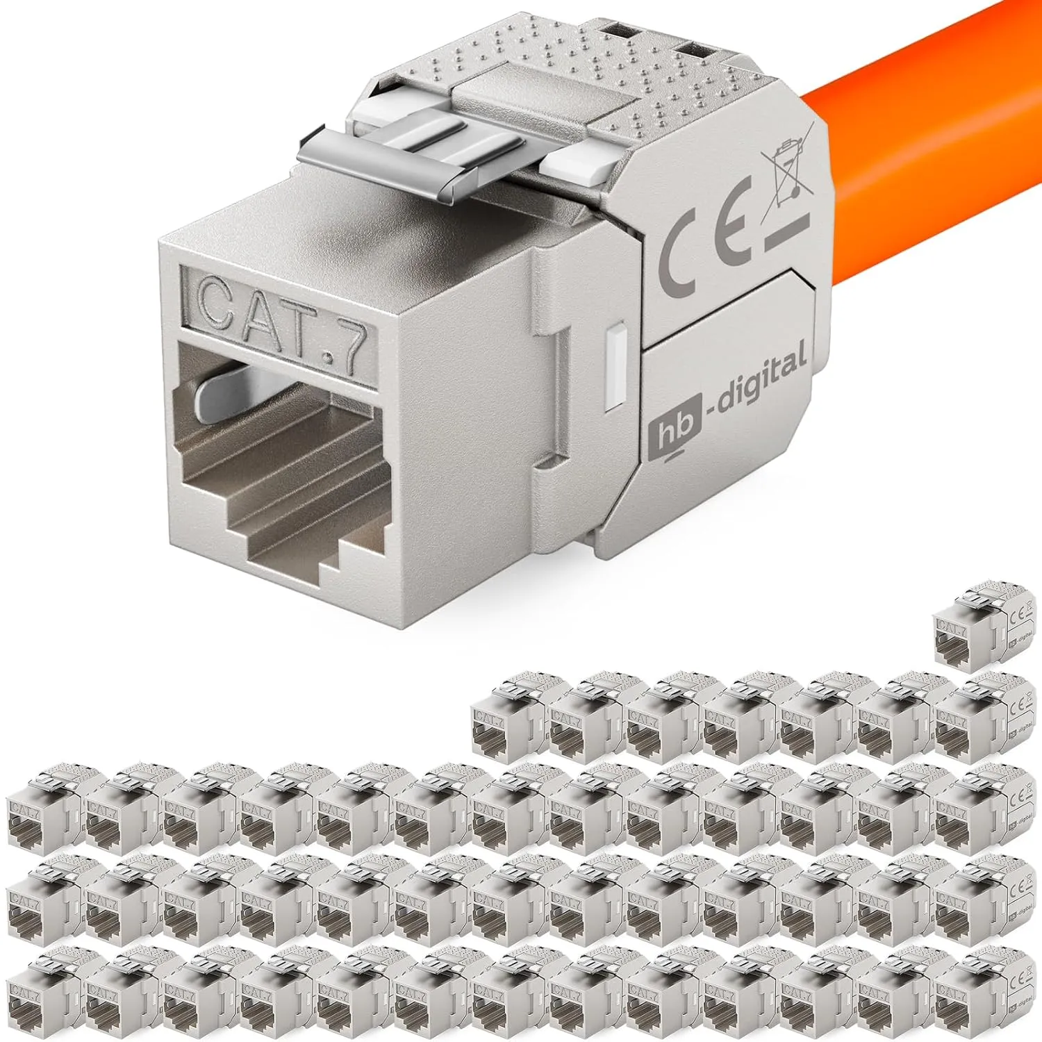 hb-digital 48x CAT 7 Keystone RJ45 Modul Buchse für LAN Kabel 10 Gbit/s bis 600 MHz AWG 22-24 werkzeuglos LSA vollgeschirmt STP Einbaubuchse für Patchpanel und Netzwerkdose