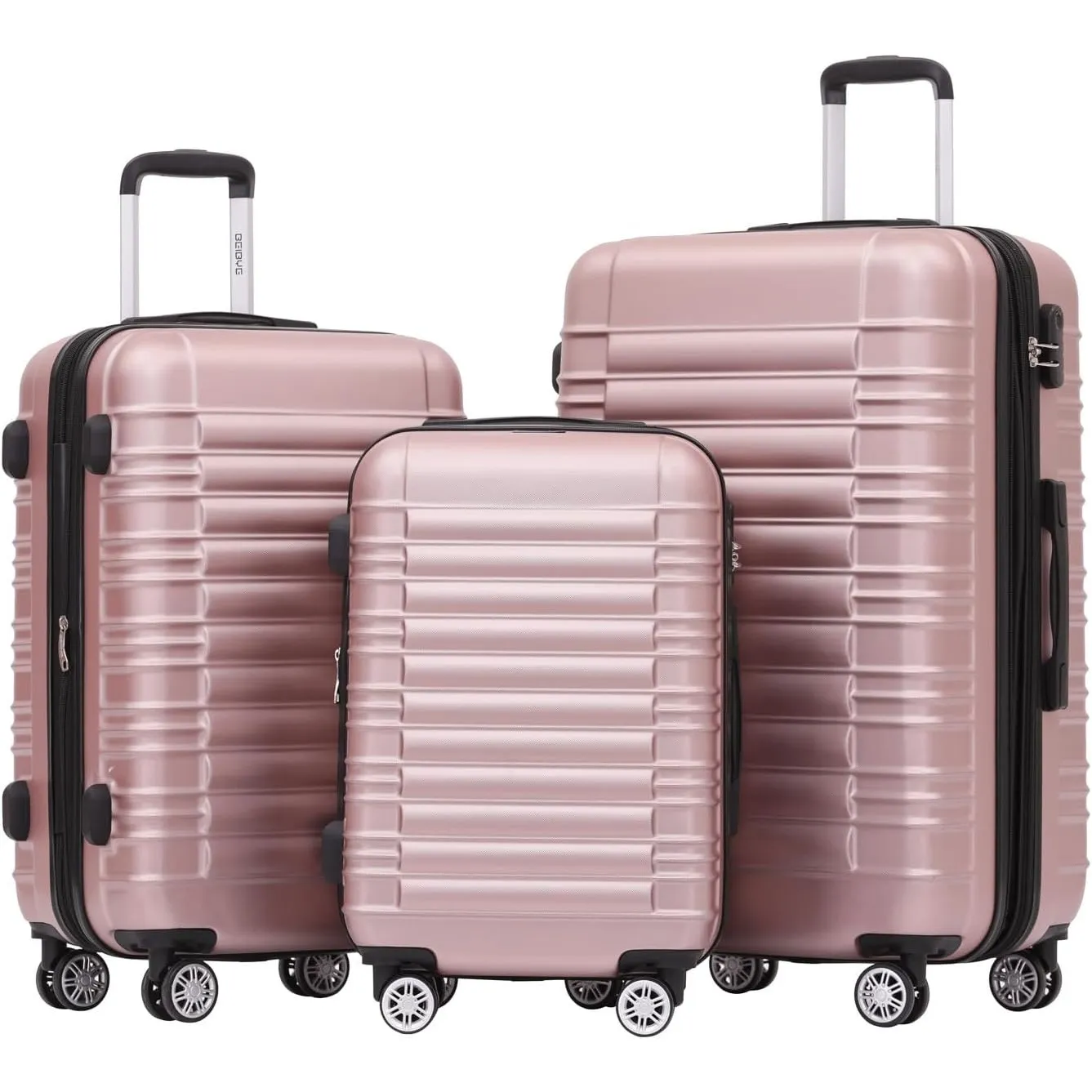 BEIBYE 2088 Zwillingsrollen Reisekoffer Koffer Trolleys Hartschale M-L-XL-Set in 15 Farben, Erweiterbar (Rosagold, Set)