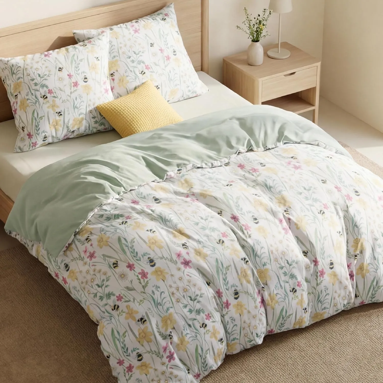 BEDSURE Bettwäsche 200x200 3teilig Mikrofaser - Grün Blumen, 2x80x80 Kissen | Bettwäsche-Sets Wendebettwäsche, Oeko-TEX…