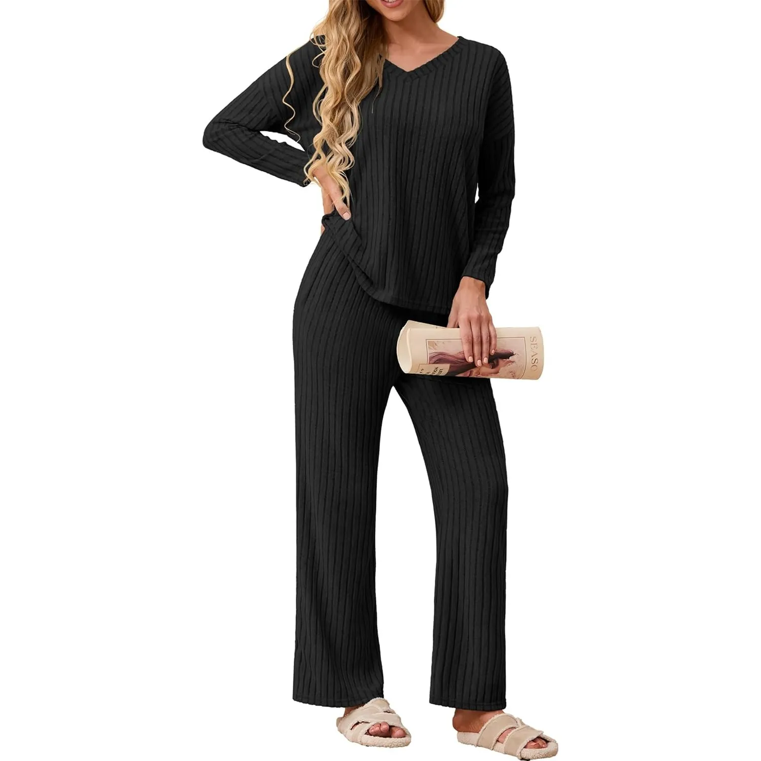 GRECERELLE Schlafanzug Damen Loungewear Pyjama Set Zweiteiler Elegant Gerippt Homewear Herbst Outfit Lose Langarm Obert…