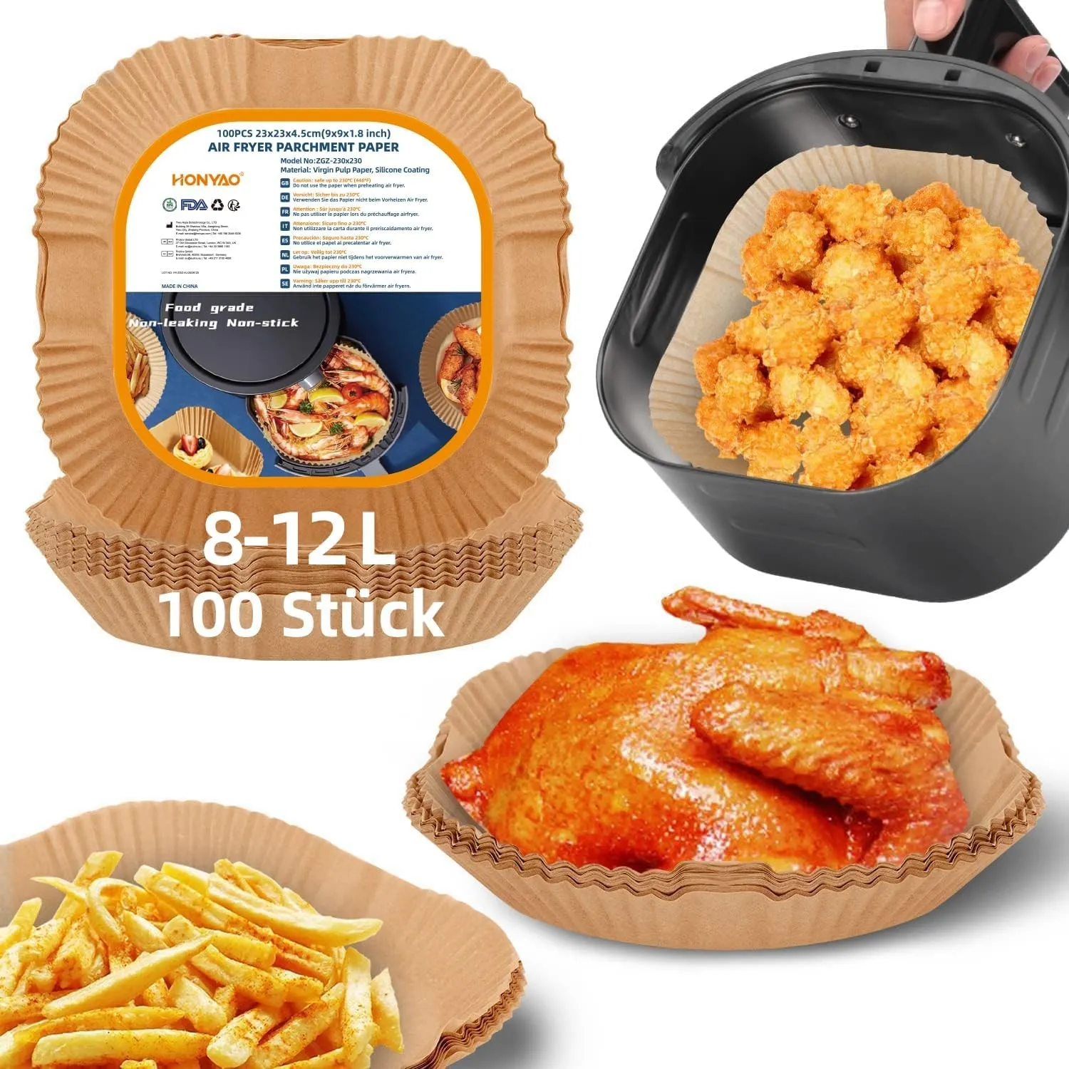 HONYAO Airfryer Backpapier 23x23 cm, Dickeres Eckig Papier für Heißluftfritteuse 8-12 L Quadrat 100 Stück Luftfritteuse…