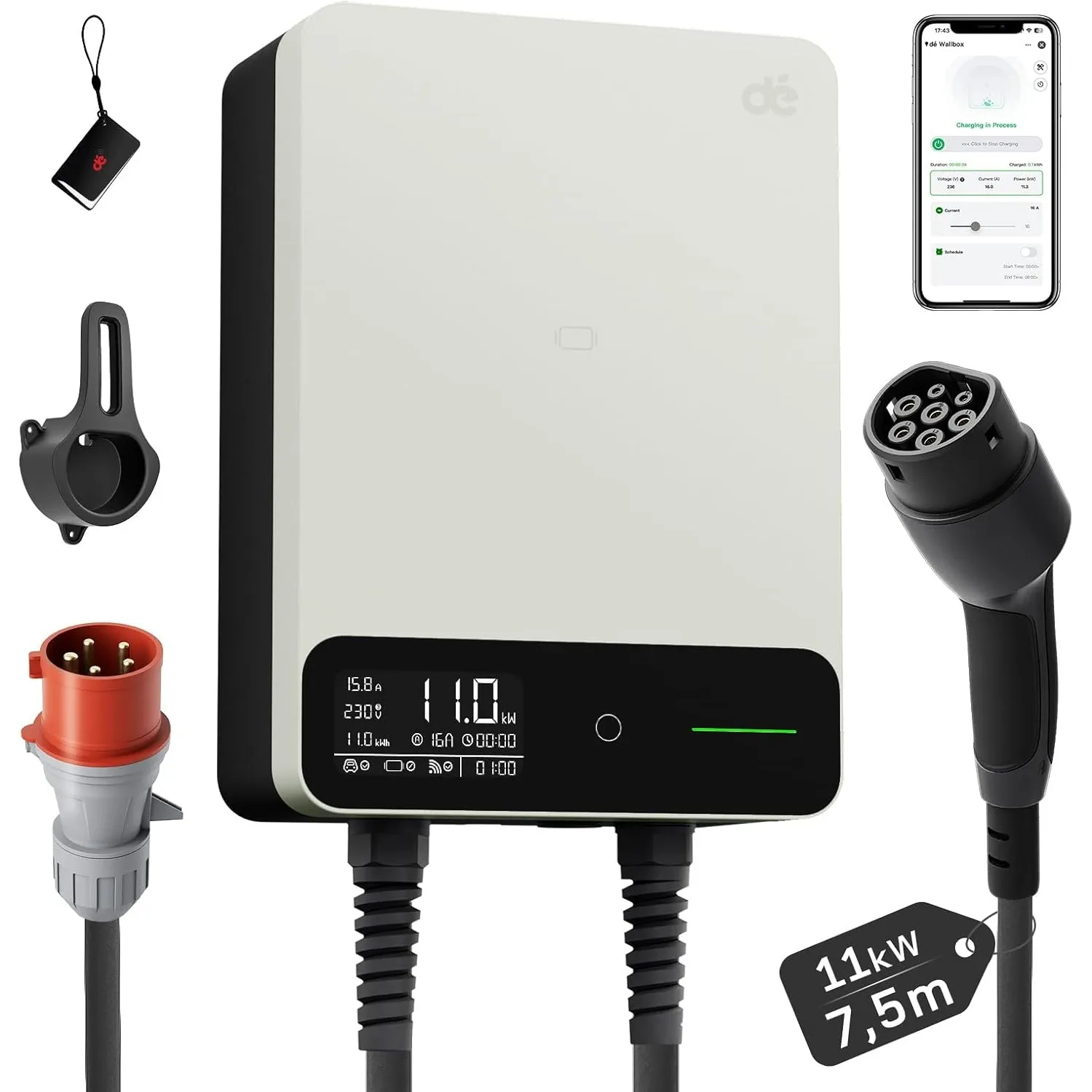 dé Wallbox 11kW mit APP, 7,5m Typ 2, §14a EnWG, EV Ladestation, Weiß