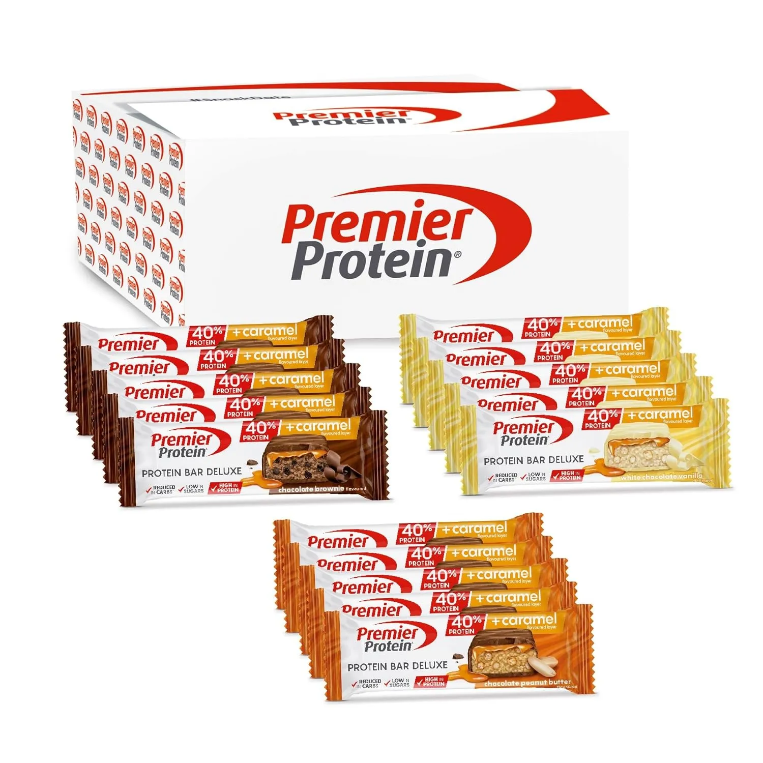 Premier Protein - Protein Bar Deluxe 40% - Multiflavourbox - 15x50g - Low sugar - Low Carb - palmölfrei