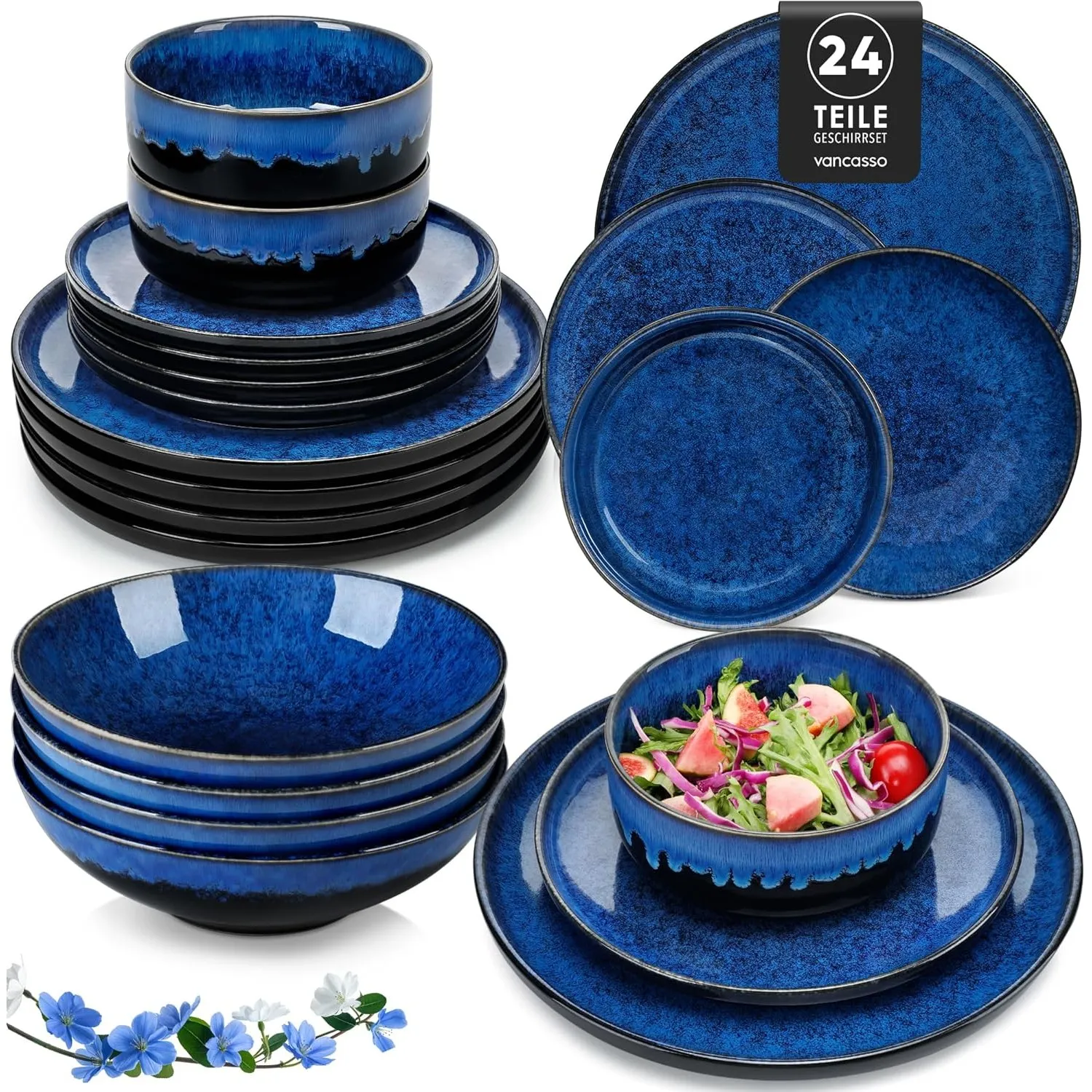 Geschirrset 6 Personen modern, vancasso STARRY 24-teiliges Steingut Geschirr Set, Kombiservice Set Blau, Tafelservice 6…
