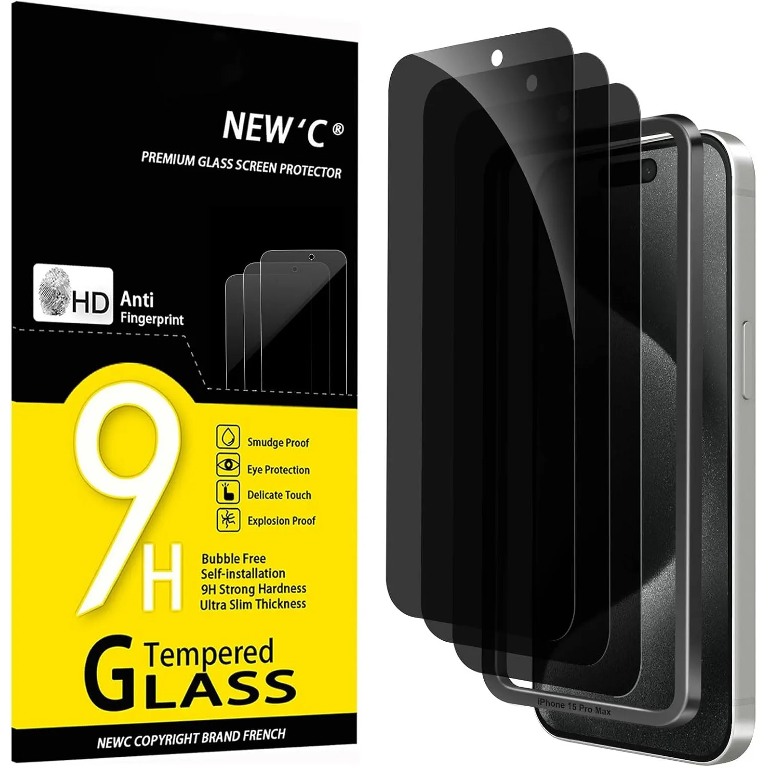 NEW'C für iPhone 15 Pro Max für Panzerglas Sichtschutz mit Montagehilfe