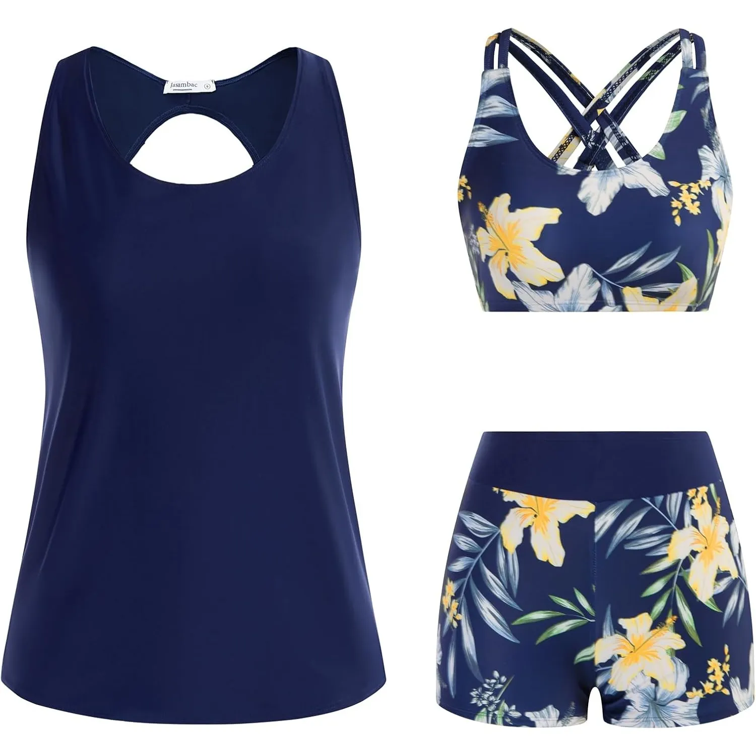 JASAMBAC 3-teiliger Tankini Damen Bauchweg, Push-up-Bikinioberteil und High Waist Badeshorts, einfache Badebekleidung, …