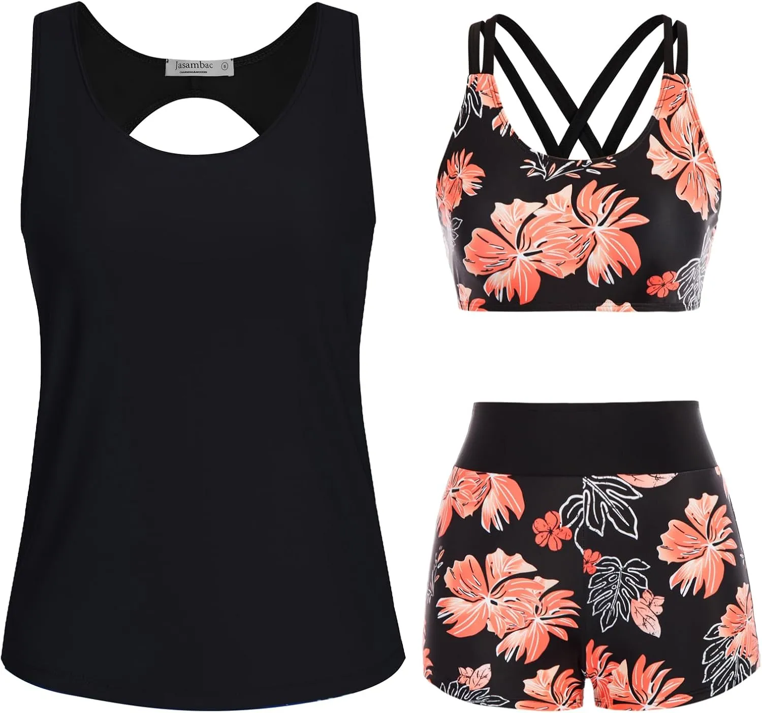 JASAMBAC 3 Piece Tankini Women's Tummy Control Push Up Bikini Top and High Waist Swim Shorts Simple Swimwear Women's Sp…