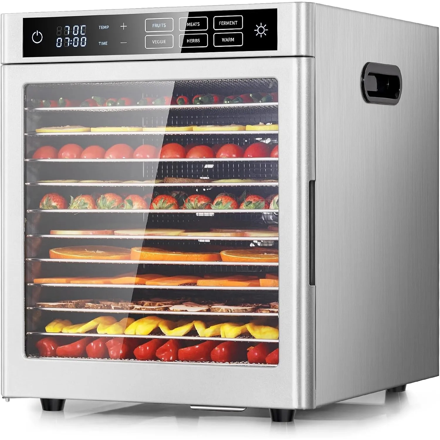 Kwasyo Dörrautomat 12 Etagen Edelstahl, 6 Voreinstellungen für Früchte, Gemüse, Fleisch, Blumen, 85°C Temperaturregelun…