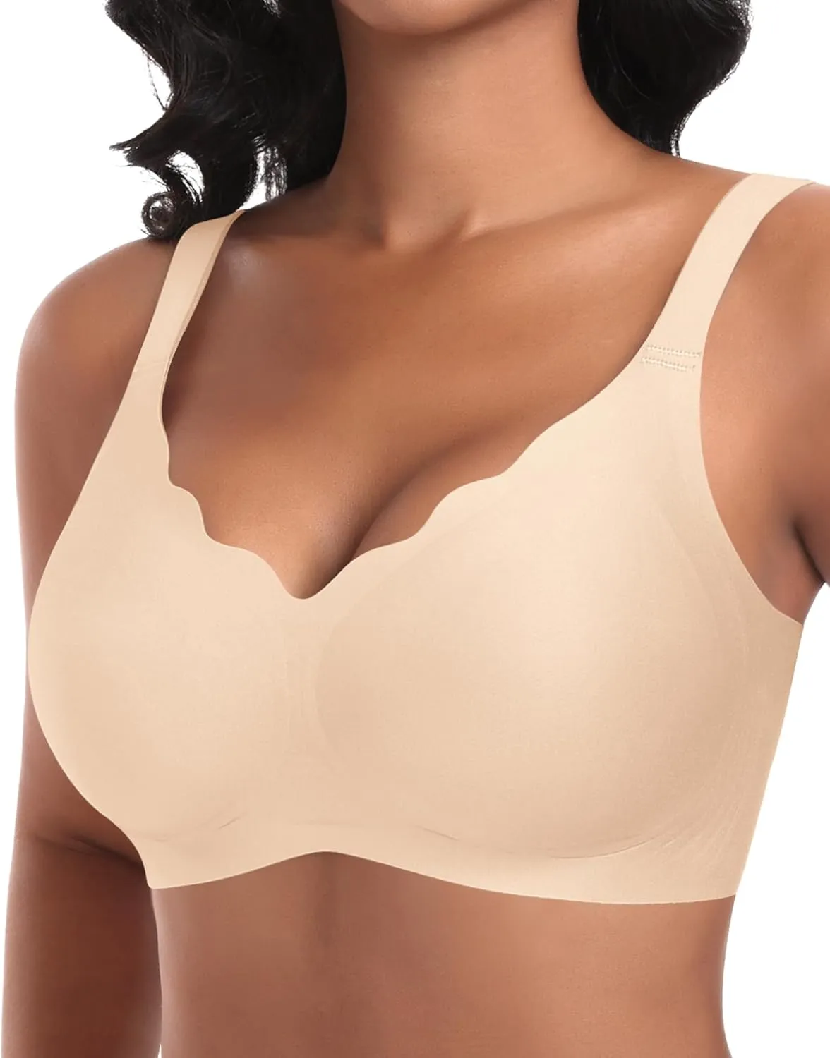 Ganado Damen Nahtloser BH Ohne Bügel Tiefem V-Ausschnitt gewellte Ränder Bequemer BH Bralette Soft BHS Bügellos Bustier…