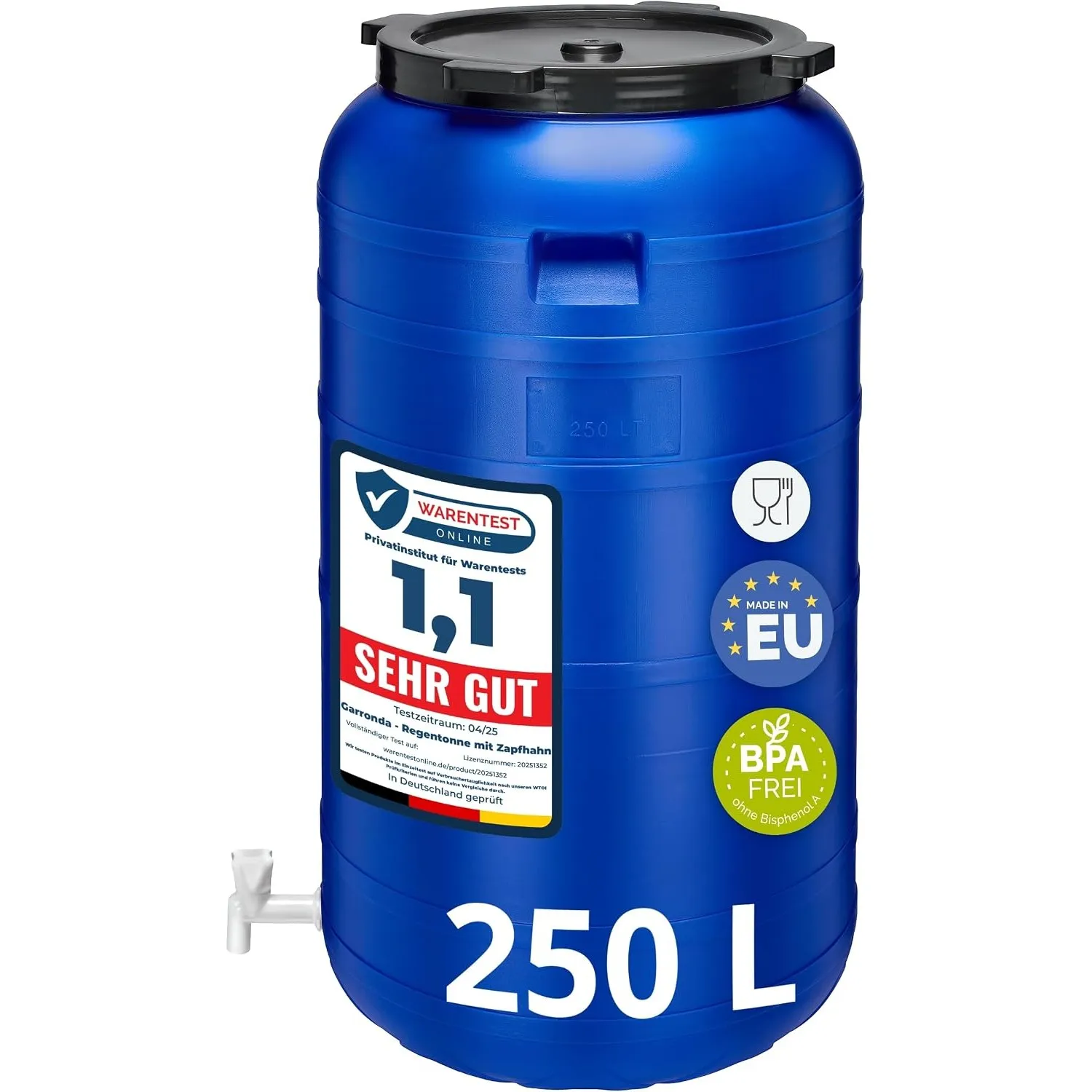 Garronda 250 Liter Weithalsfass BPA-frei Futtertonne Fass mit Hahn Universalfass Lebensmittel Fass Regenfass für Garten…