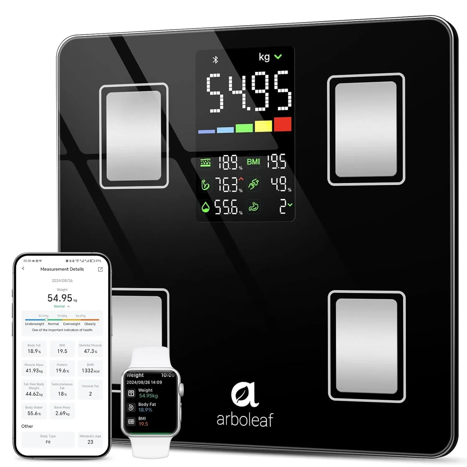 arboleaf Personenwaage digital mit App & Großem LED-Display 180kg CS20G