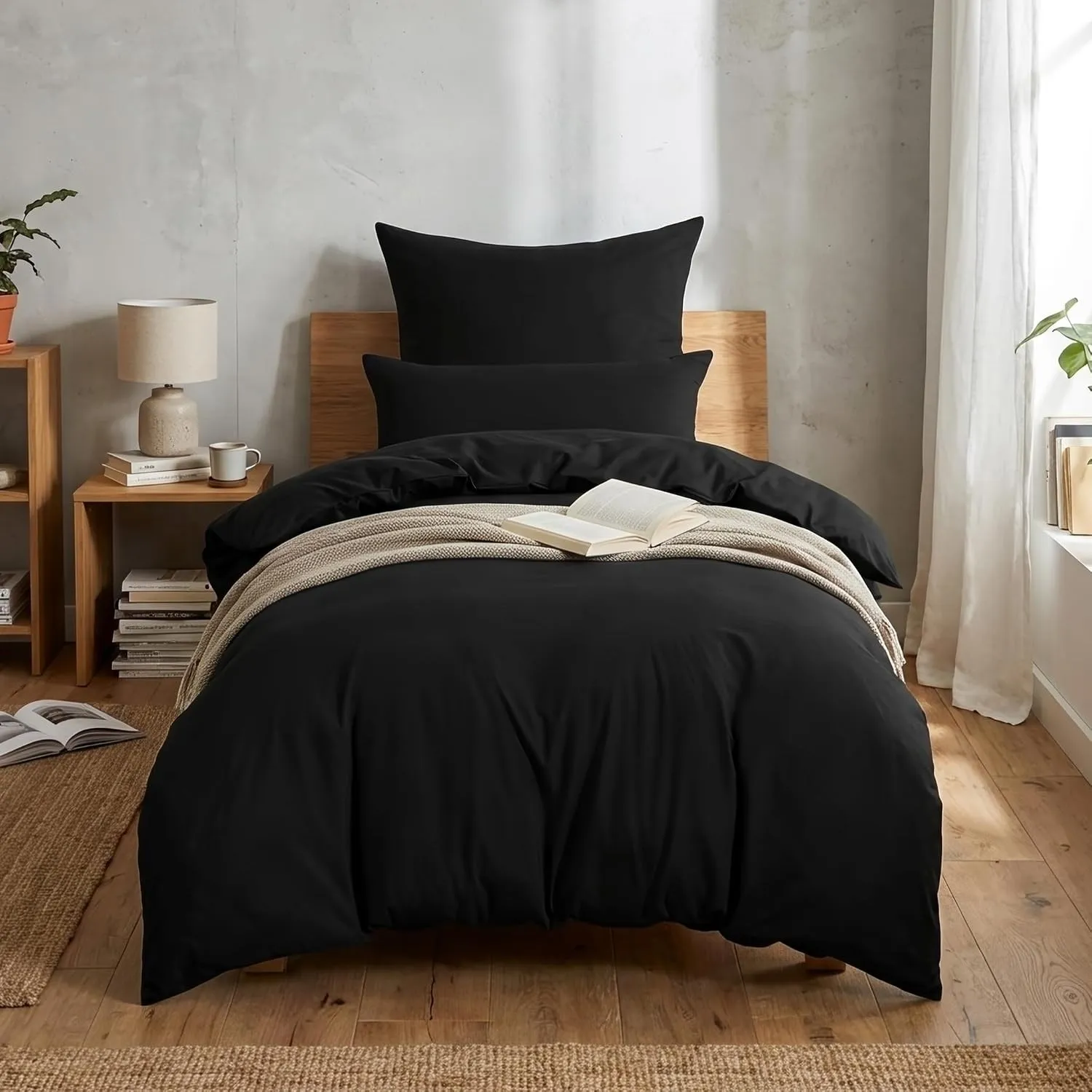 RUIKASI Bettwäsche 140x200 2teilig Schwarz - Polyester Mikrofaser Bettwäsche-Sets Oeko-TEX, Bettbezüge 140 x 200cm + Ki…