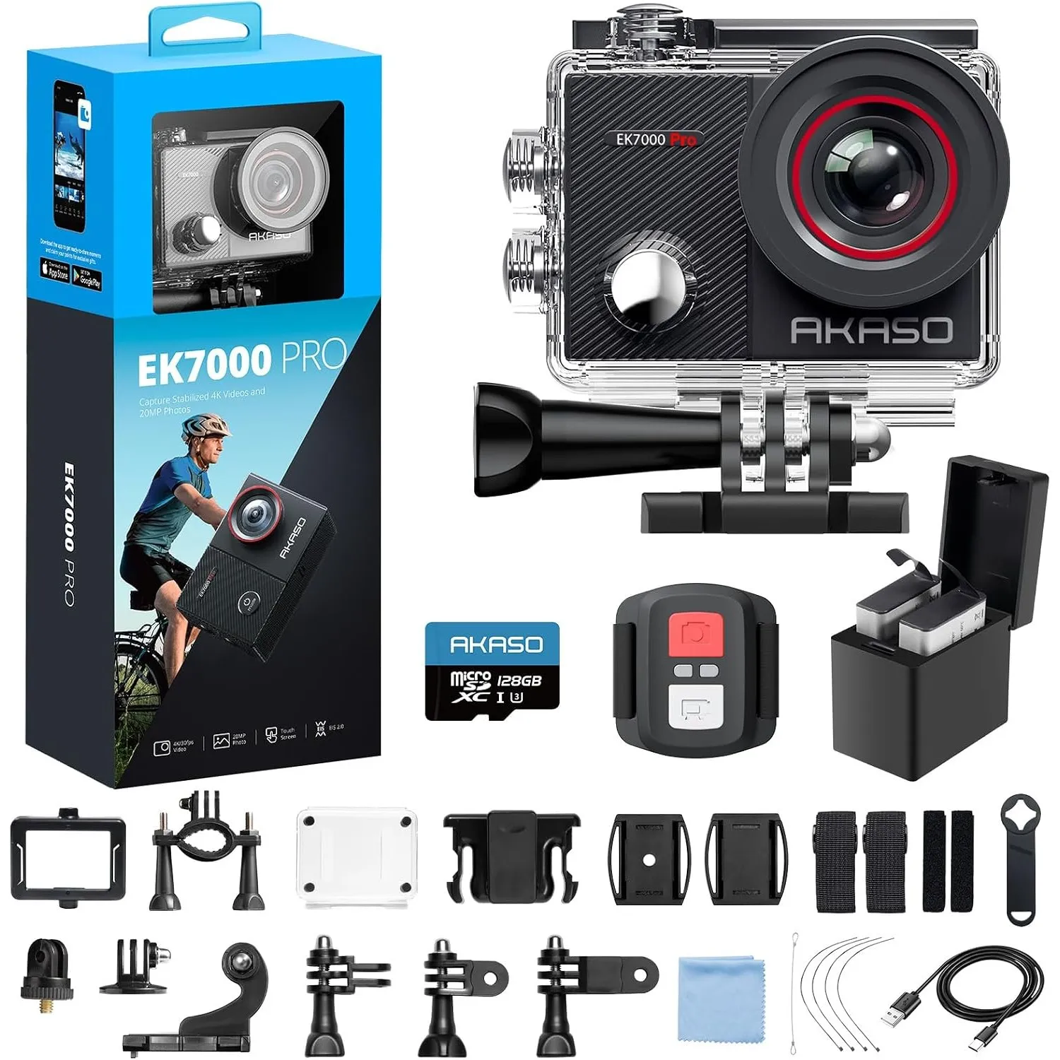 AKASO Action Cam 4K30FPS WiFi 40M Unterwasserkamera mit 128GB Speicherkarte