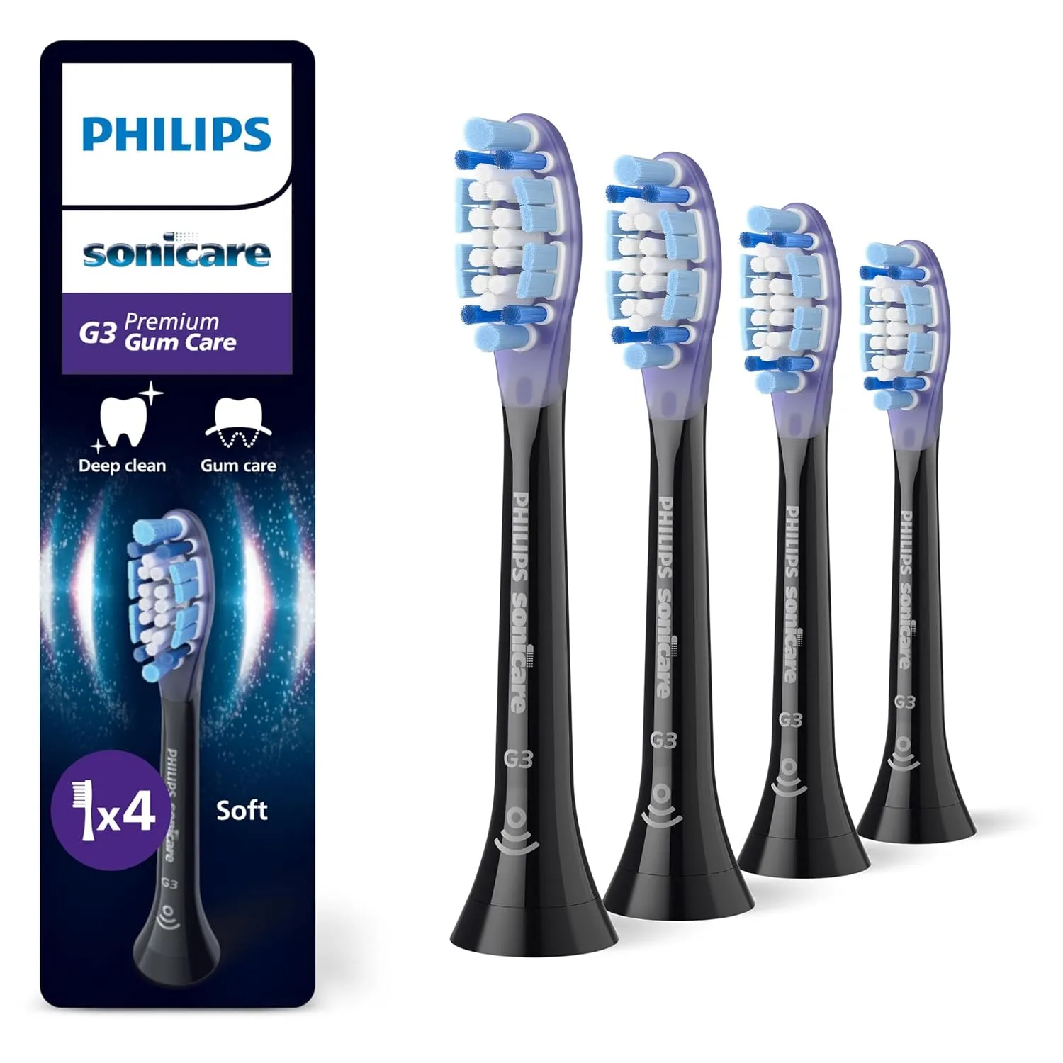 Philips Sonicare G3 Premium Gum Care Original Replacement Brush Heads, Black, Pack of 4, HX9054/88