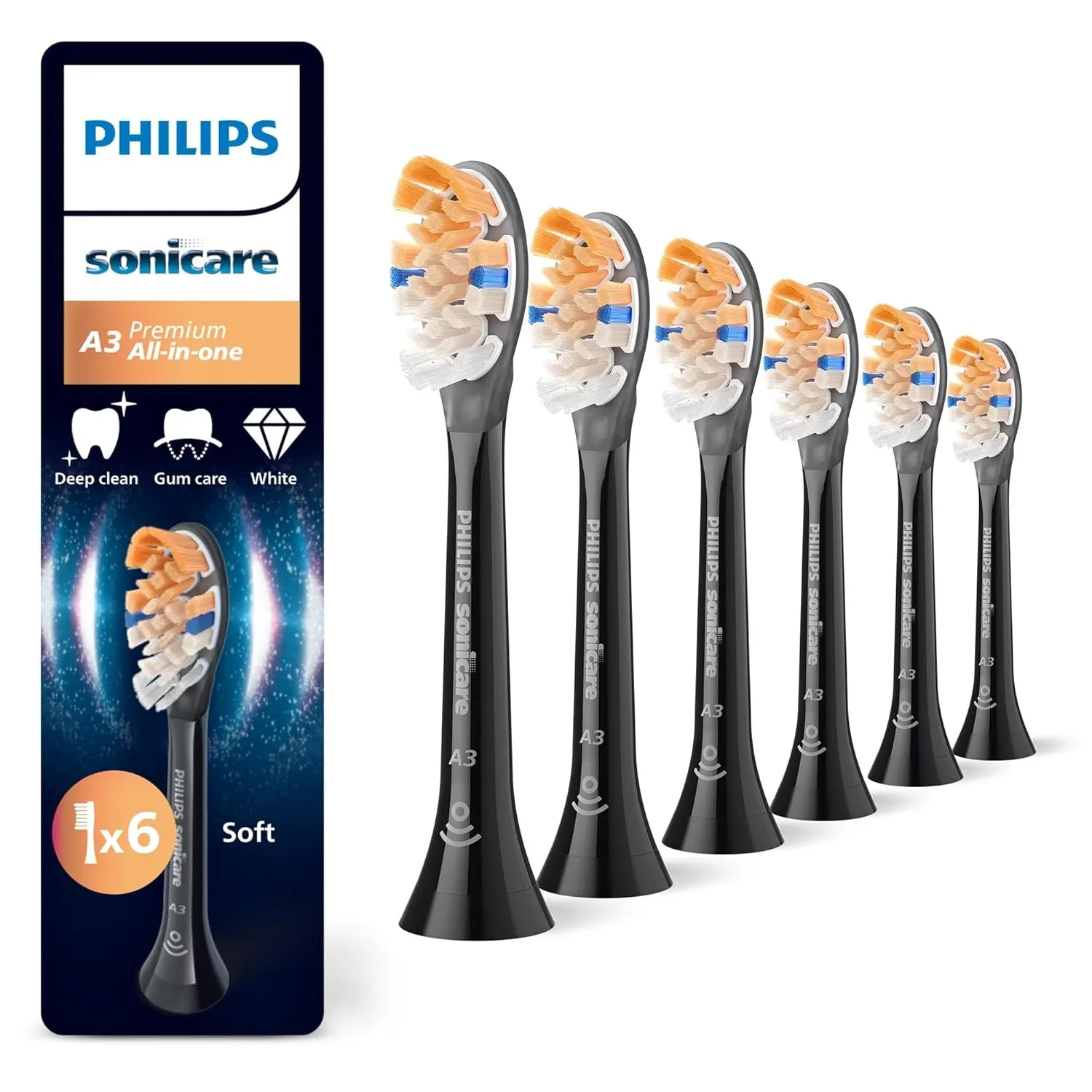 Philips Sonicare A3 Premium All-in-One, Original Ersatzbürstenköpfe, Schwarz, 6er-Pack, HX9096/88