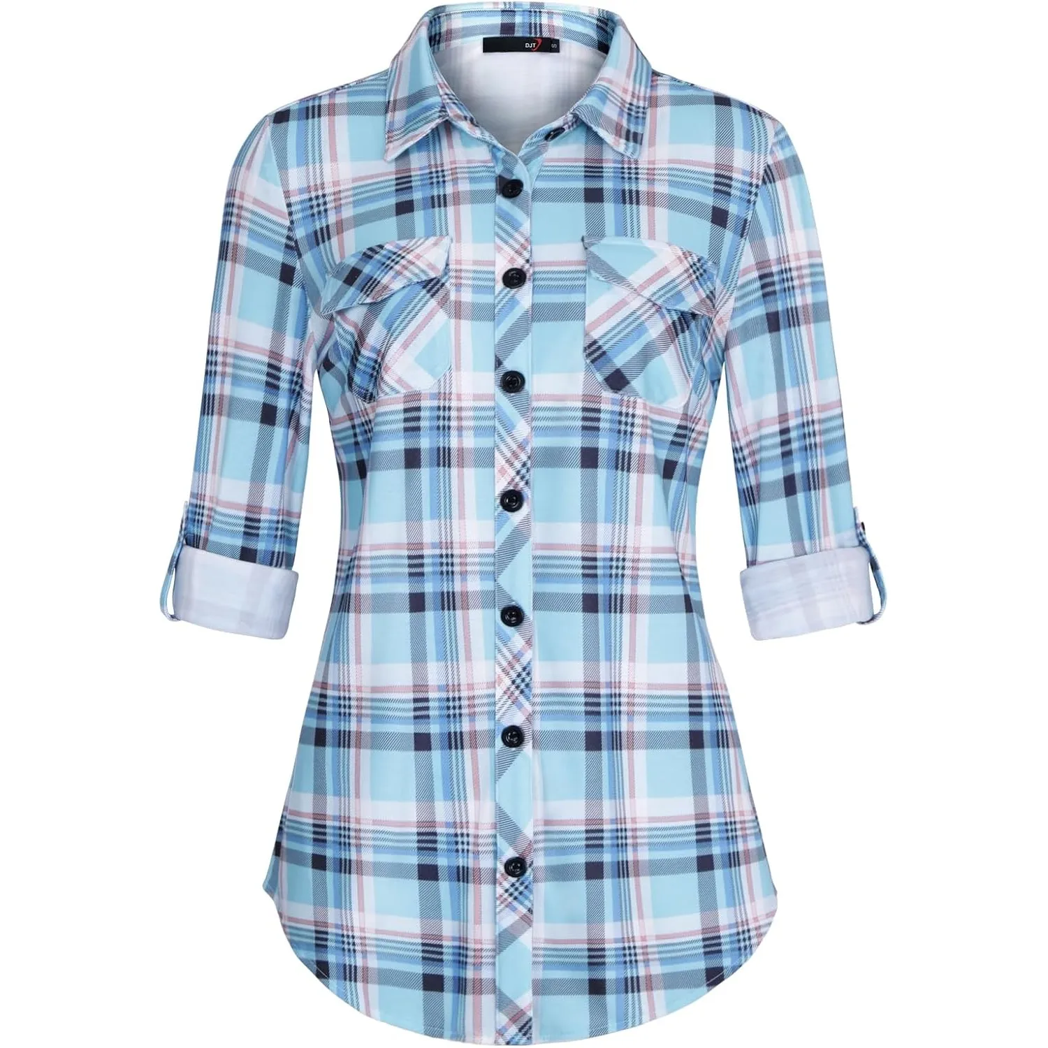 DJT Damen Weiches Gestrick Kariertes Blusen Langarm Oberteile Roll Up Ärmel Hemdbluse Button Down Tops