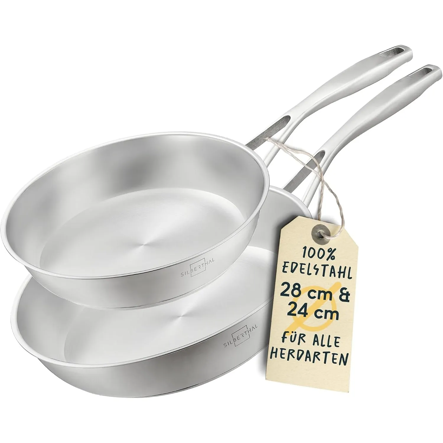 SILBERTHAL Pfannen Set 2 teilig - Edelstahlpfanne Unbeschichtet | 24 cm und 28 cm - Induktionsgeeignet - Backofenfest