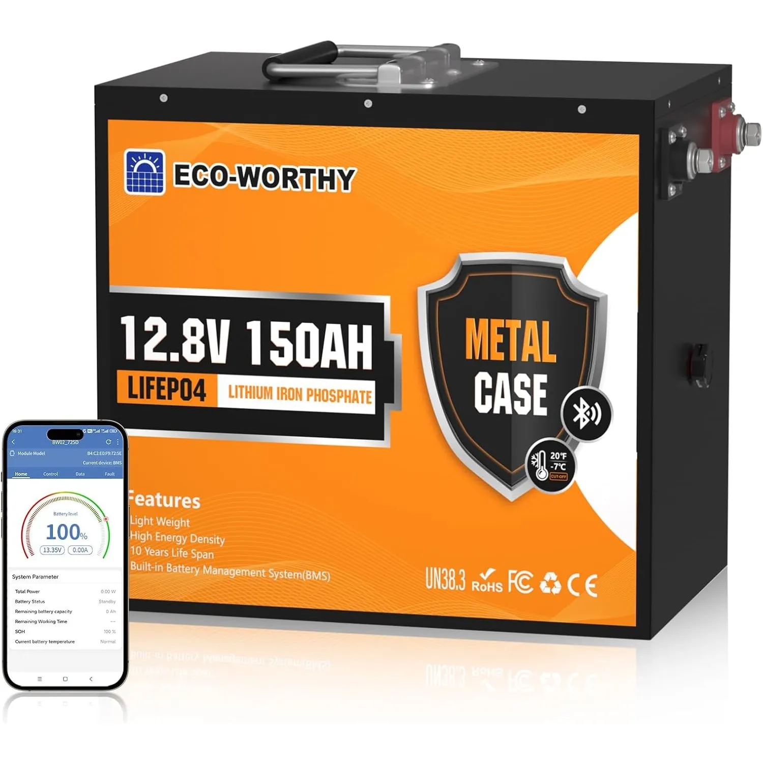 ECO-WORTHY 12V 150Ah LiFePO4 Batterie Bluetooth 120A BMS Low-Temp Schutz