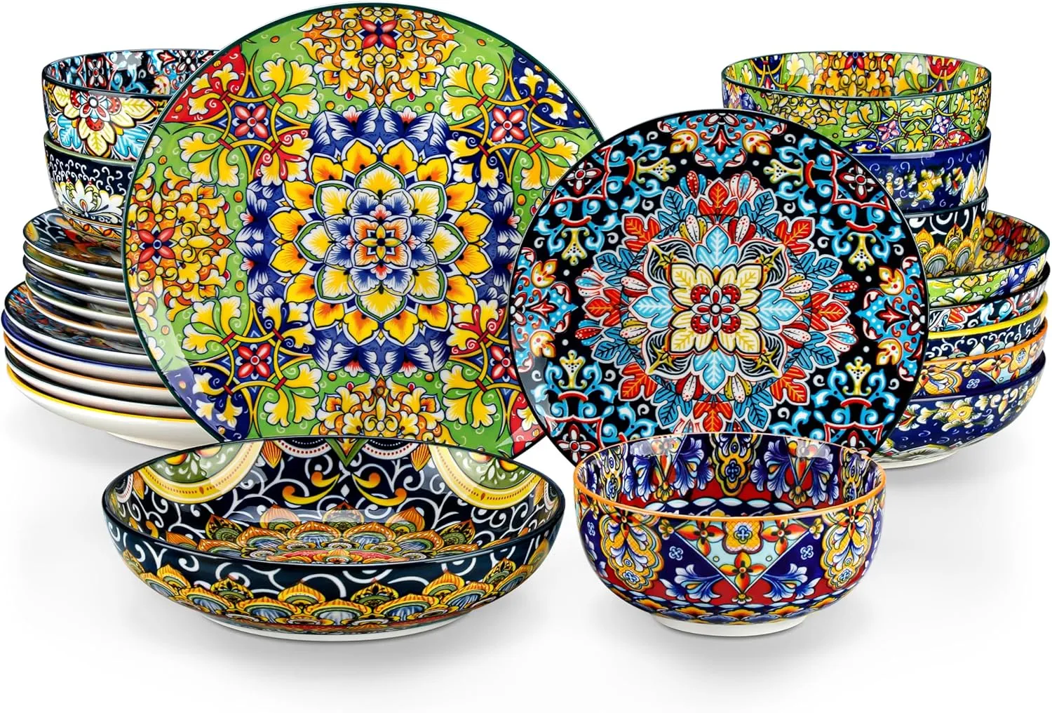 vancasso 24-teiliges Geschirrset aus Porzellan, Tafelservice 6 Personen mit Speiseteller, Dessertteller, Suppenteller und Schalen, mikrowellen- und spülmaschinenfest, Boho kombiservice, Series SIMI