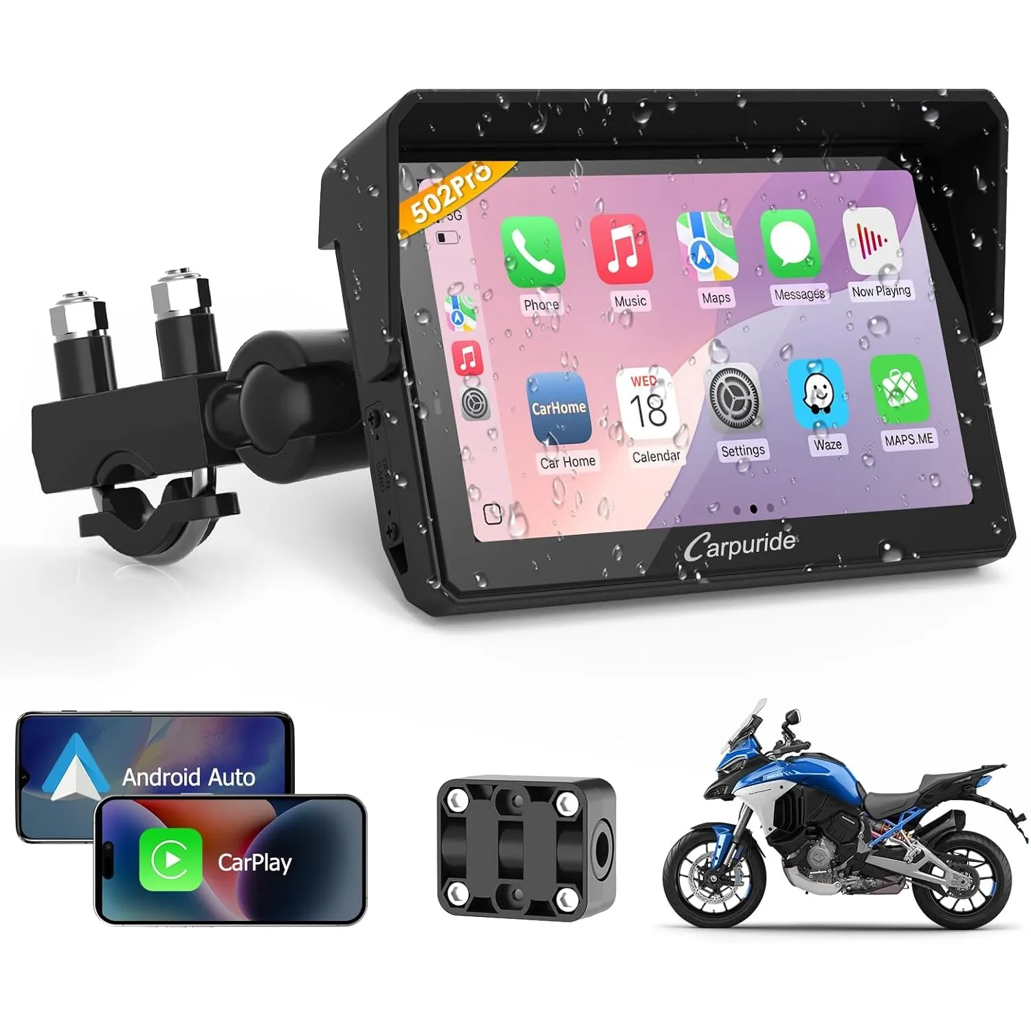 Carpuride W502PRO CarPlay Motorrad Navi 5" Android Auto Dual Bluetooth