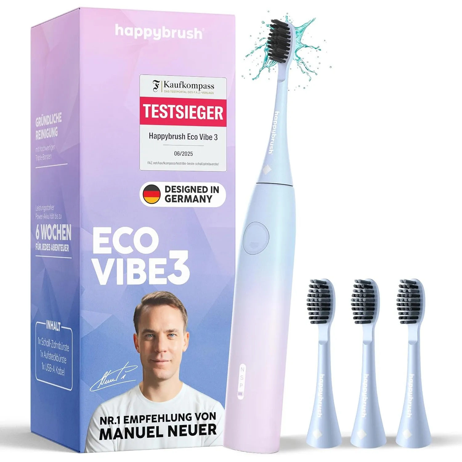 happybrush® Schallzahnbürste Eco Vibe 3 – TESTSIEGER – 100 Tage testen - Elektrische Zahnbürste mit 8 Wochen Akku – Ult…