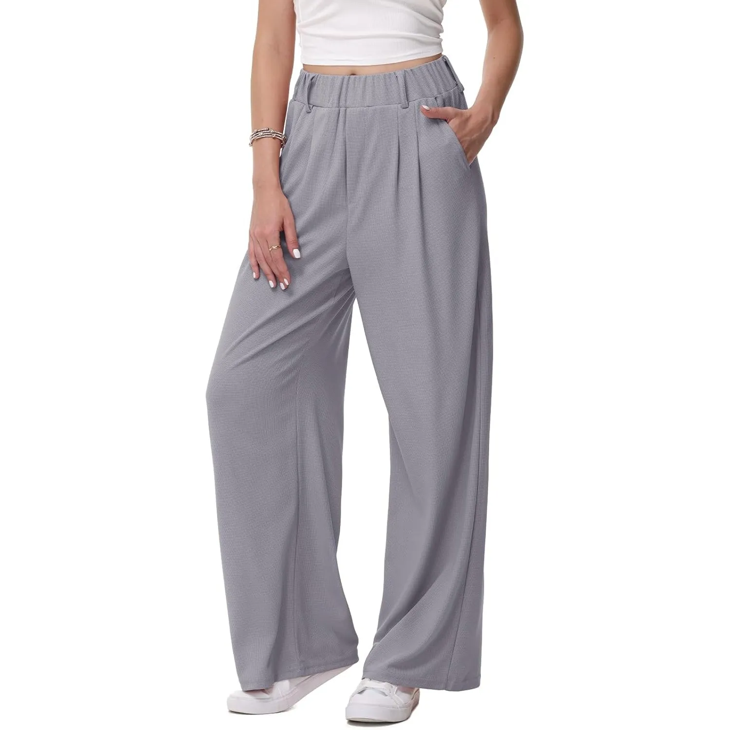 HMIYA Weite Hosen Damen-Bügelfreie Lässig Leichte Stoffhose Locker Palazzo Hose Hohe Taille Sommer Freizeithose mit Tas…