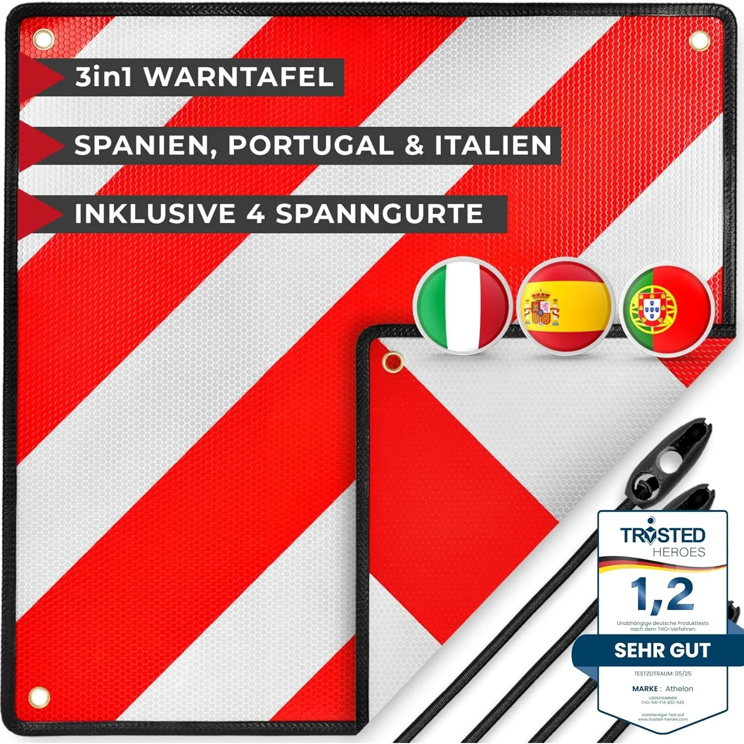 ATHELON® 3in1 Warntafel für Italien, Spanien & Portugal - Reflektierendes Warnschild inklusive 4X Spanngurte - Hochwert…