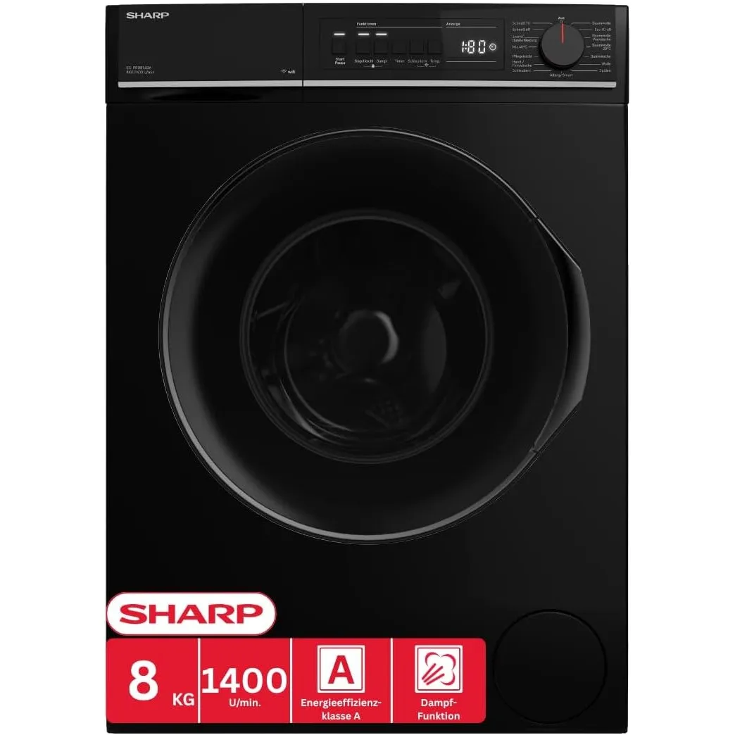 SHARP ES-PRO814BA-DE Waschmaschine (8 kg, EEK A, 1400 U/min.), (WiFi, Inverter Motor, Dampf, AquaStop), Schwarz