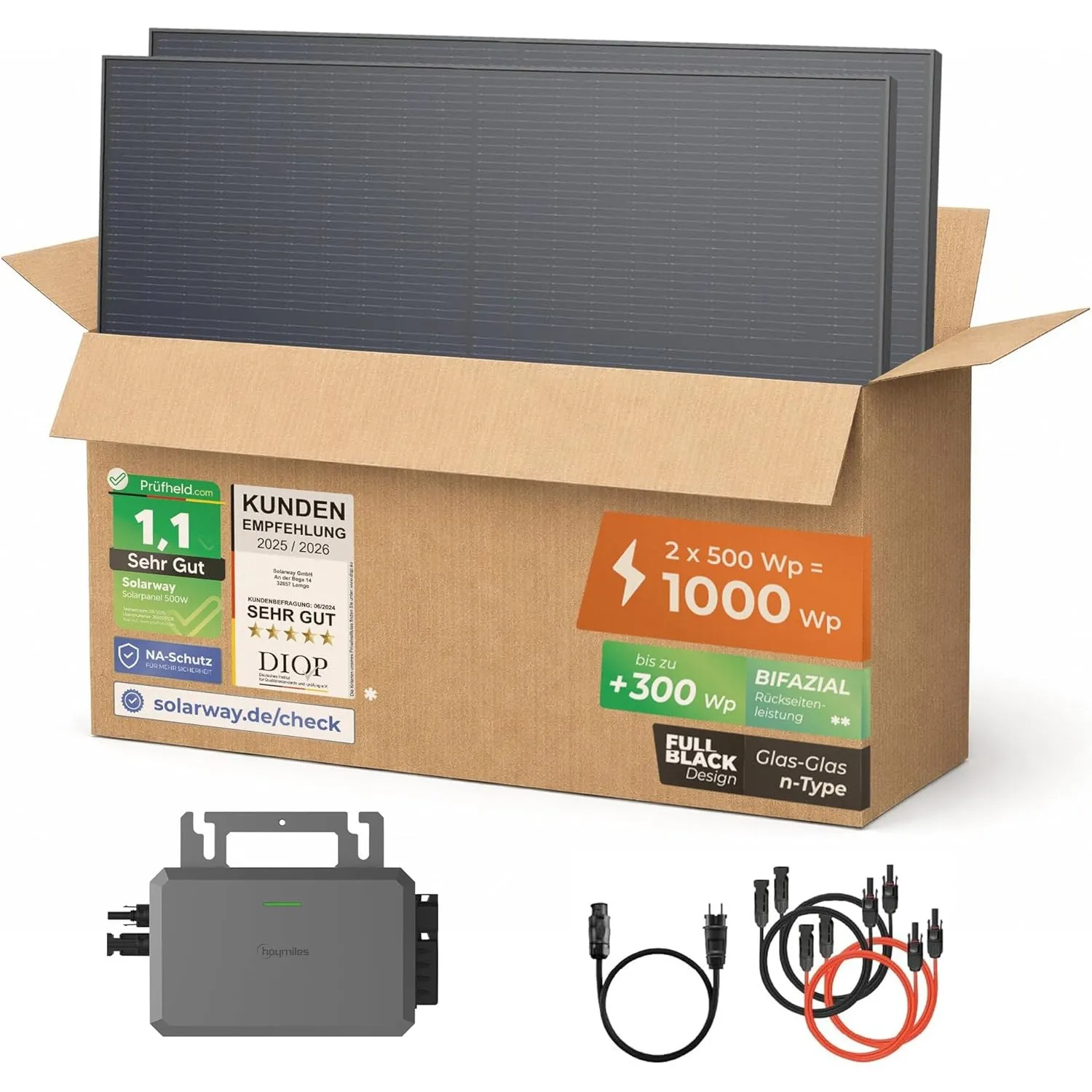 Solarway® Balkonkraftwerk 800W mit 1000Wp Solarmodulen – Komplettset mit Hoymiles HiFlow 800 Wechselrichter – 2× 500W b…