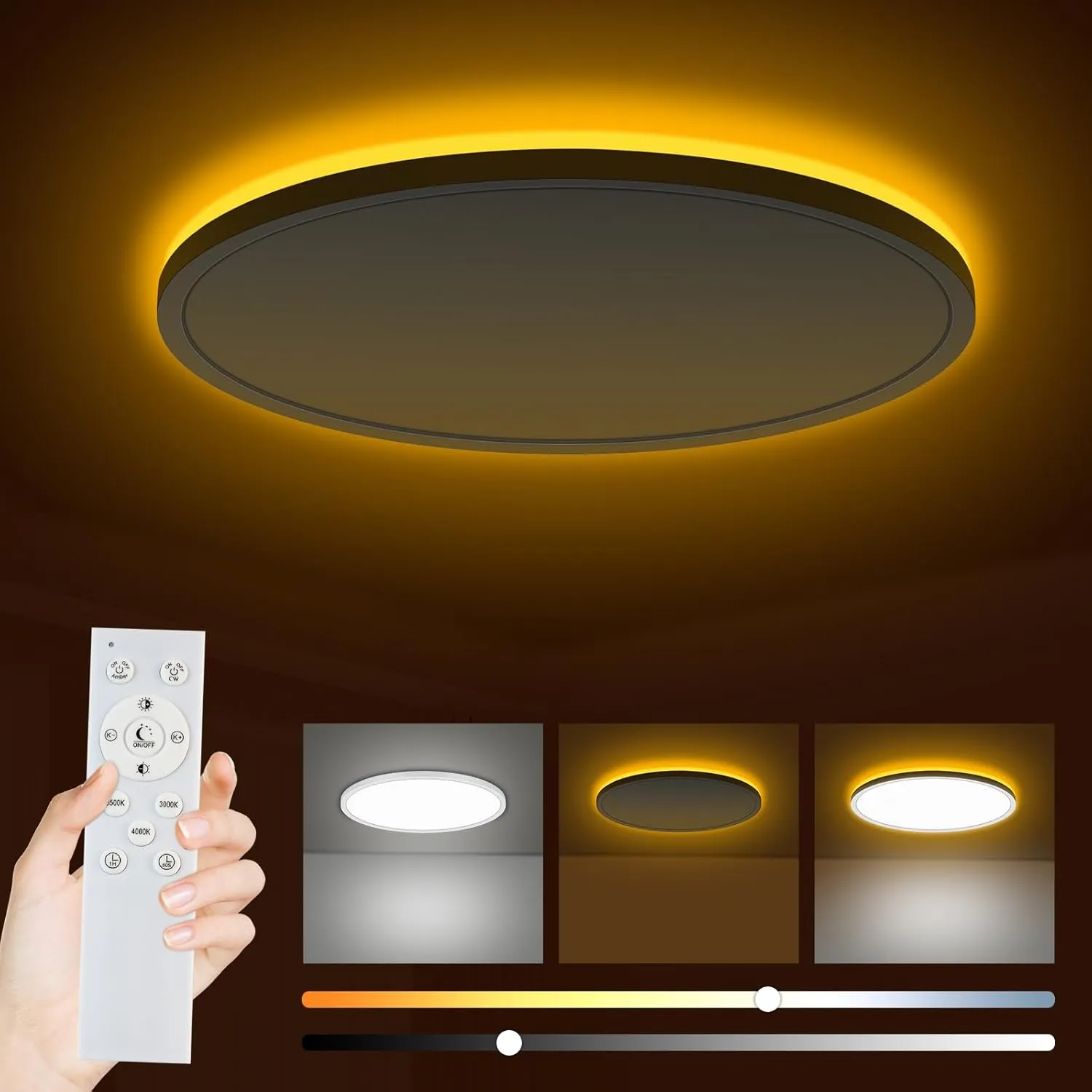 Bowfar LED Deckenleuchte, 24W 2800LM Deckenlampe mit Fernbedienung Dimmbar 3000K-6500K, 1800K Nachtlicht Amber, Rund Ba…