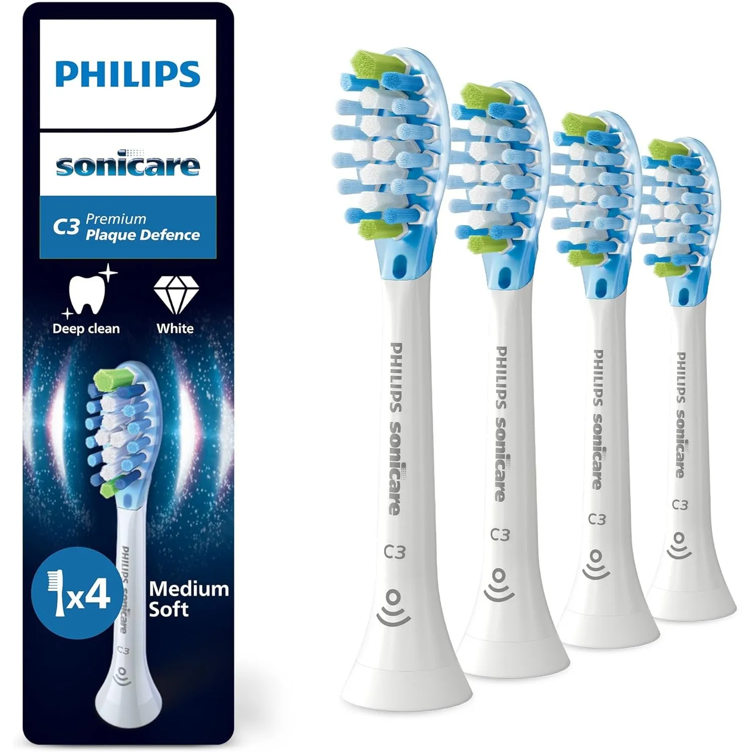Philips Sonicare C3 Premium Plaque Defense, Original Ersatzbürstenköpfe, Weiß, 4er-Pack, HX9044/87