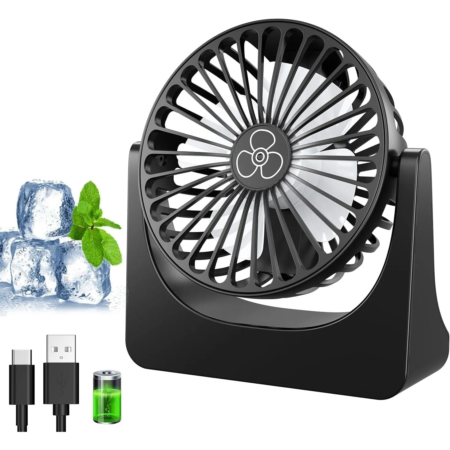 Tischventilator, Mini Ventilator, USB Ventilator mit 3 Geschwindigkeiten und 360° Drehung, Wiederaufladbar, Tragbarer K…