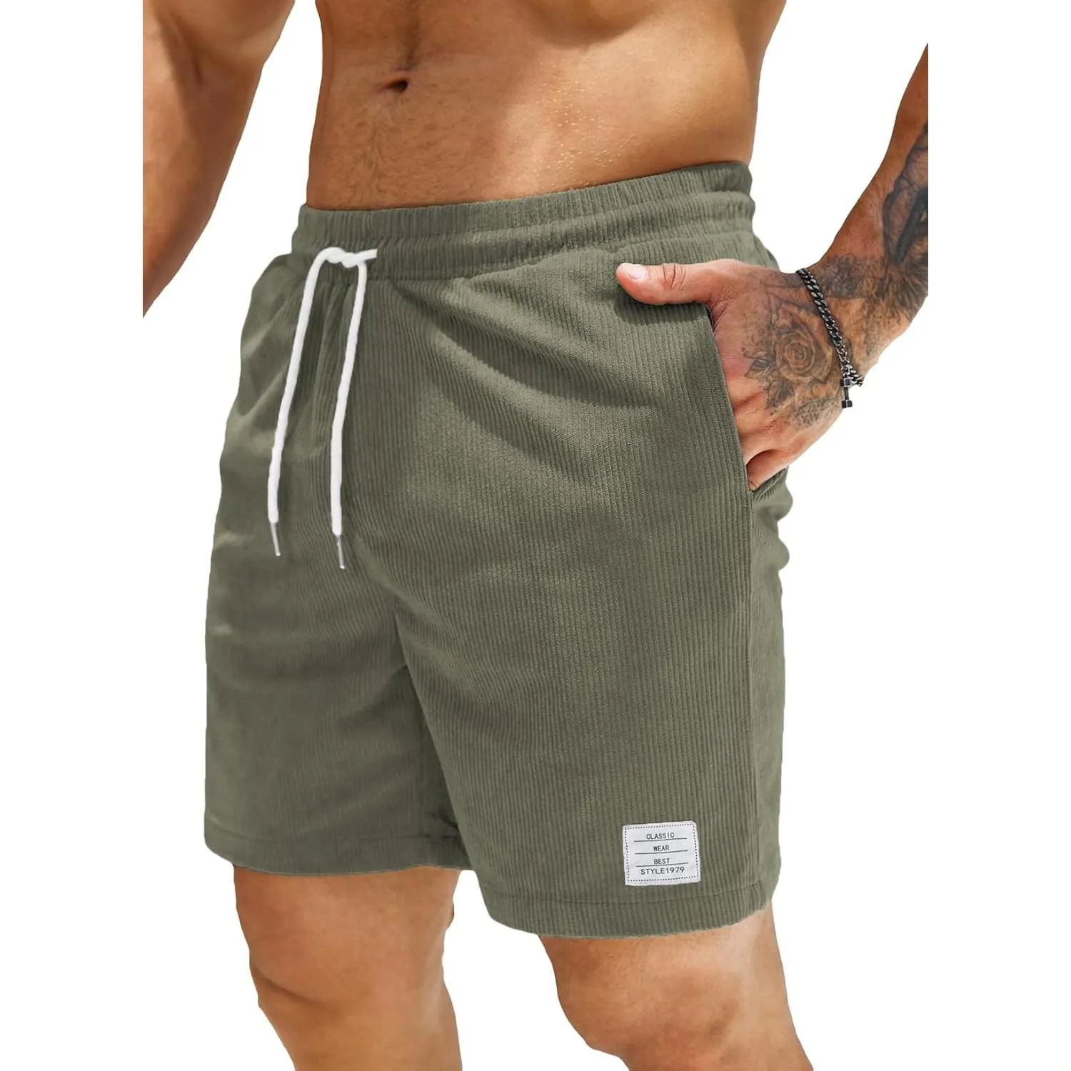 JMIERR Corduroy Shorts Herren Sommer Freizeit Leinen Stretch Baumwolle Elastische Taille mit Taschen