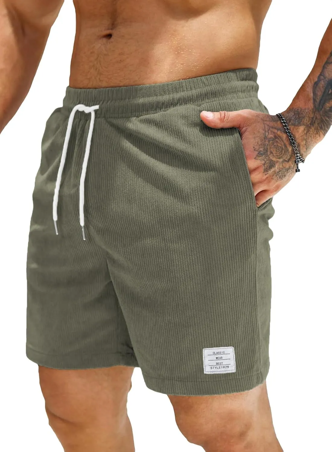JMIERR Corduroy Men's Summer Leisure Linen Stretch Cotton Elastic Waist Shorts with Pockets