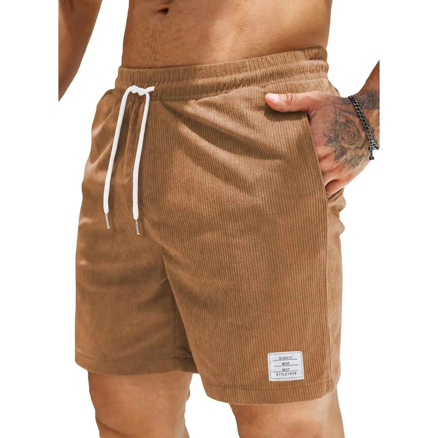 JMIERR Corduroy Shorts Herren Sommer Freizeit Leinen Stretch Baumwolle Elastische Taille mit Taschen